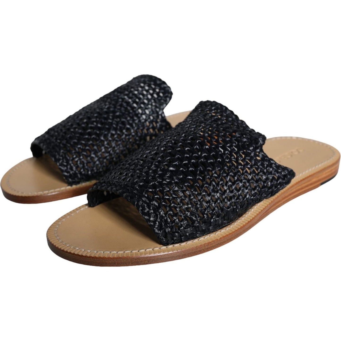 Dolce & Gabbana Black Monochrome Braided Raffia Slides Shoes Dolce & Gabbana Rosy Brown