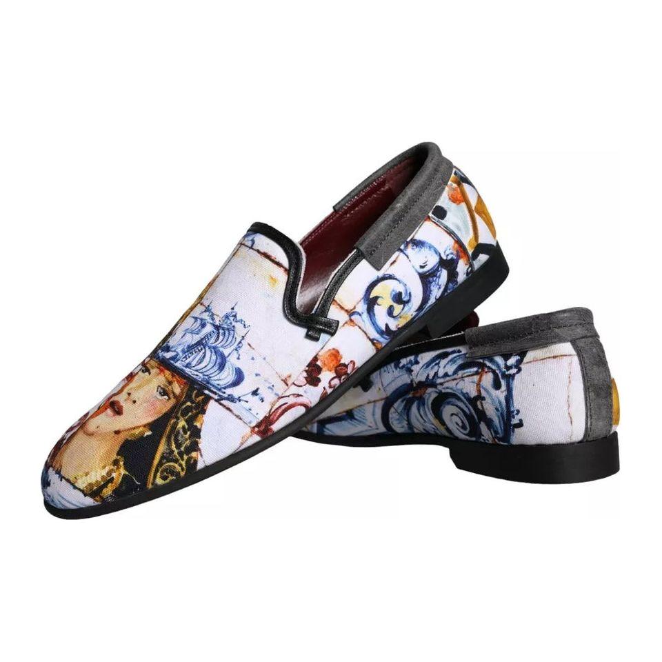 Dolce & Gabbana Multicolor Madonna Majolica Amalfi Men Loafers Shoes Dolce & Gabbana Light Gray