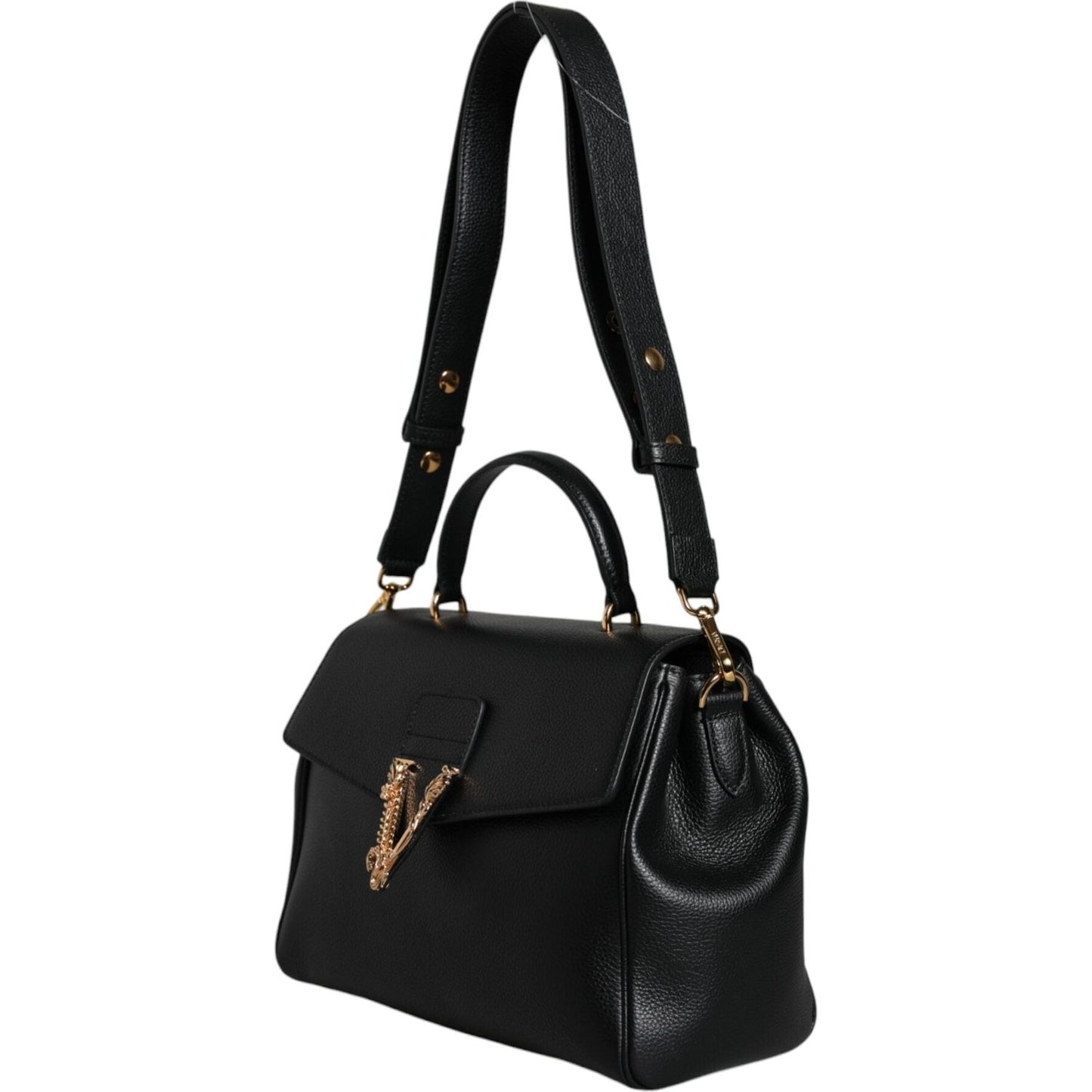 Versace Black Top Handle Grainy Calfskin Leather Crossbody Bag Versace Black