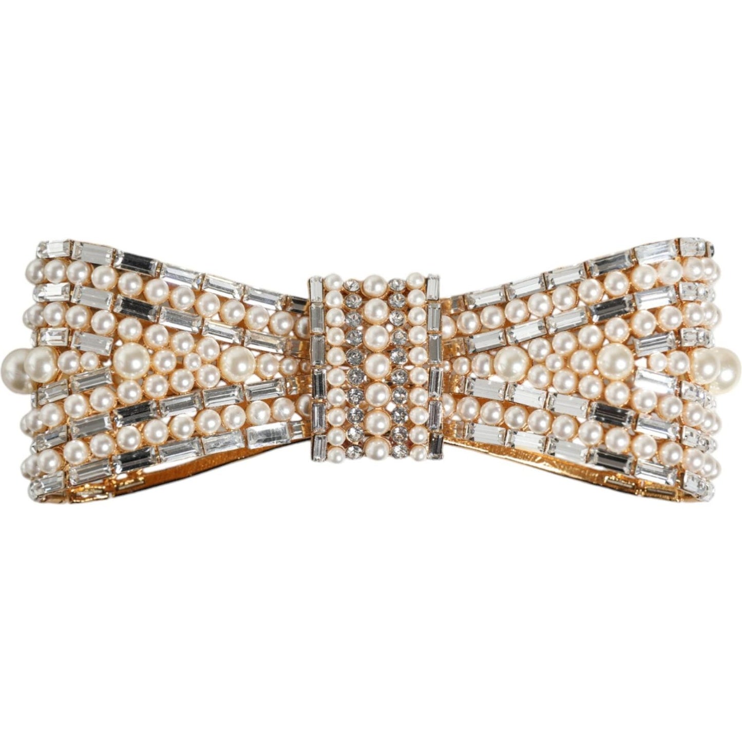 Dolce & Gabbana Gold Tone Brass Bow Crystal FauxPearl Embellished Brooch Brooch Dolce & Gabbana Gray