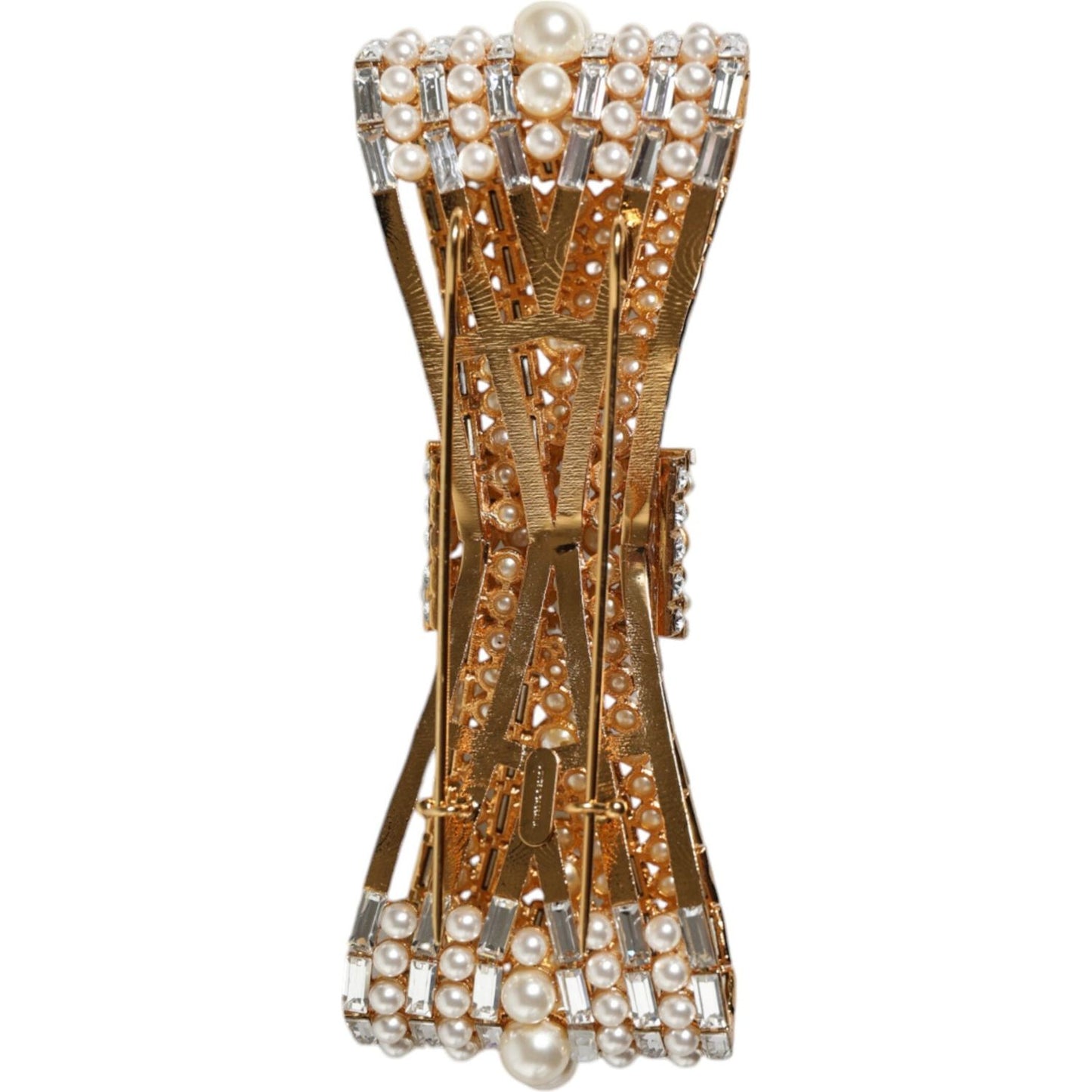 Dolce & Gabbana Gold Tone Brass Bow Crystal FauxPearl Embellished Brooch Brooch Dolce & Gabbana Sienna