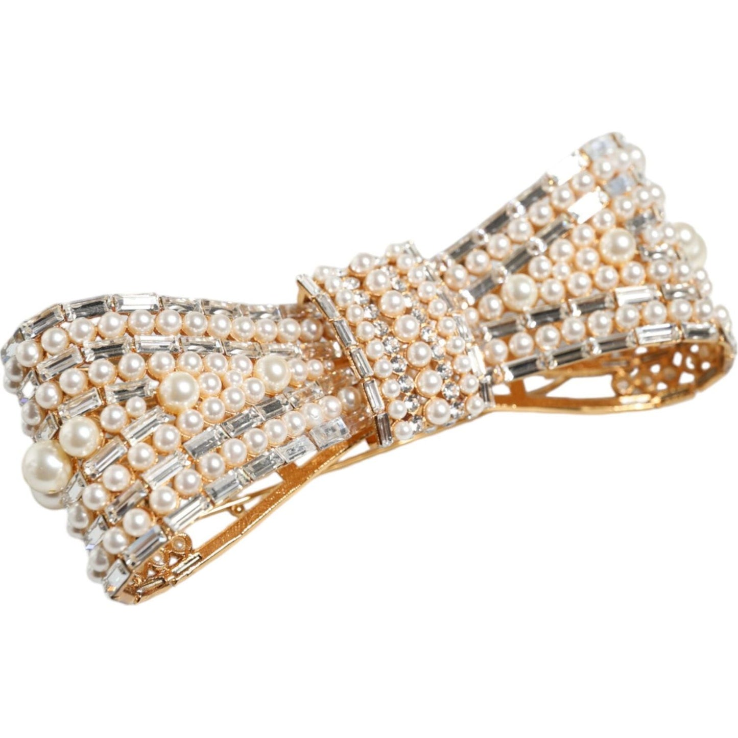 Dolce & Gabbana Gold Tone Brass Bow Crystal FauxPearl Embellished Brooch Brooch Dolce & Gabbana Light Gray