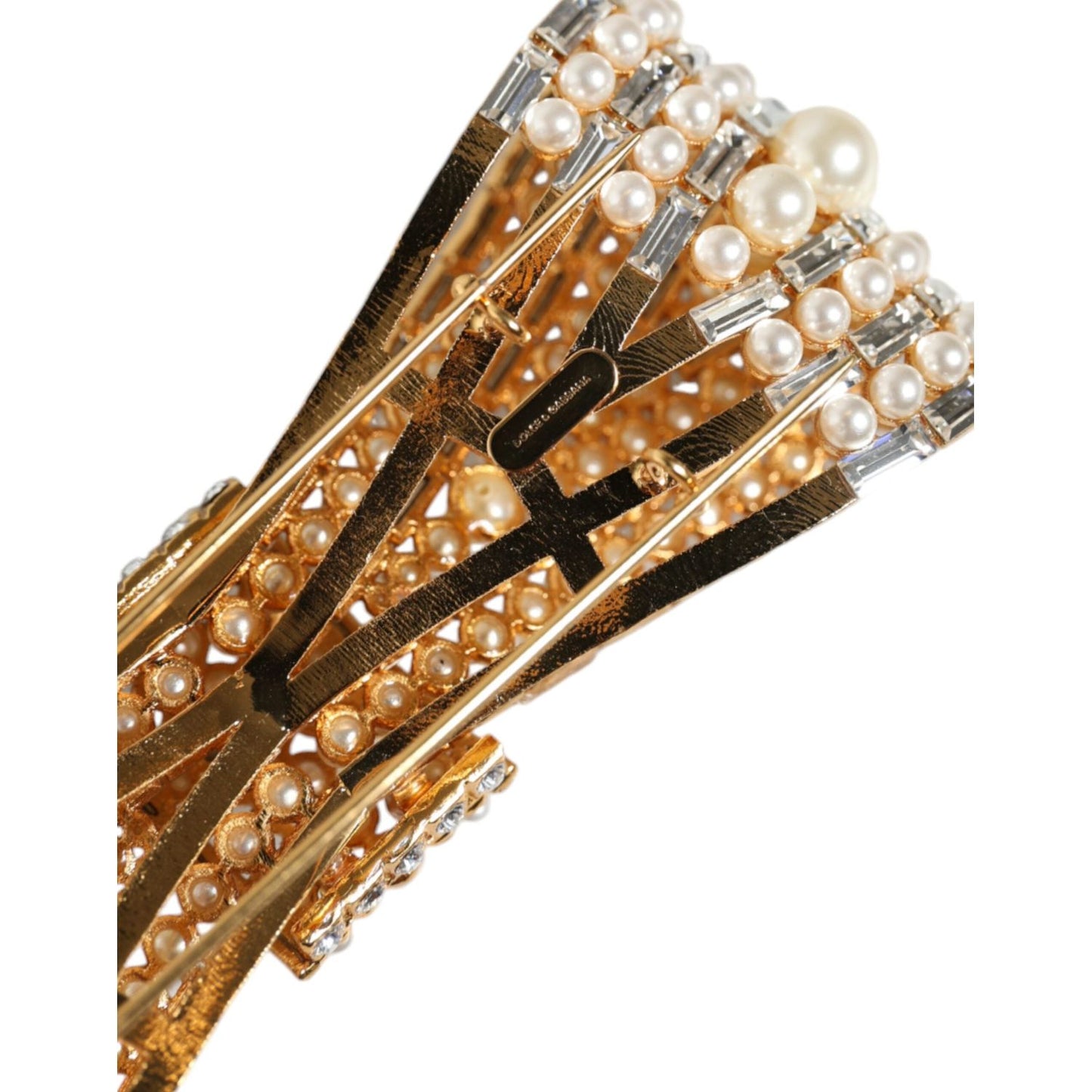Dolce & Gabbana Gold Tone Brass Bow Crystal FauxPearl Embellished Brooch Brooch Dolce & Gabbana Sienna