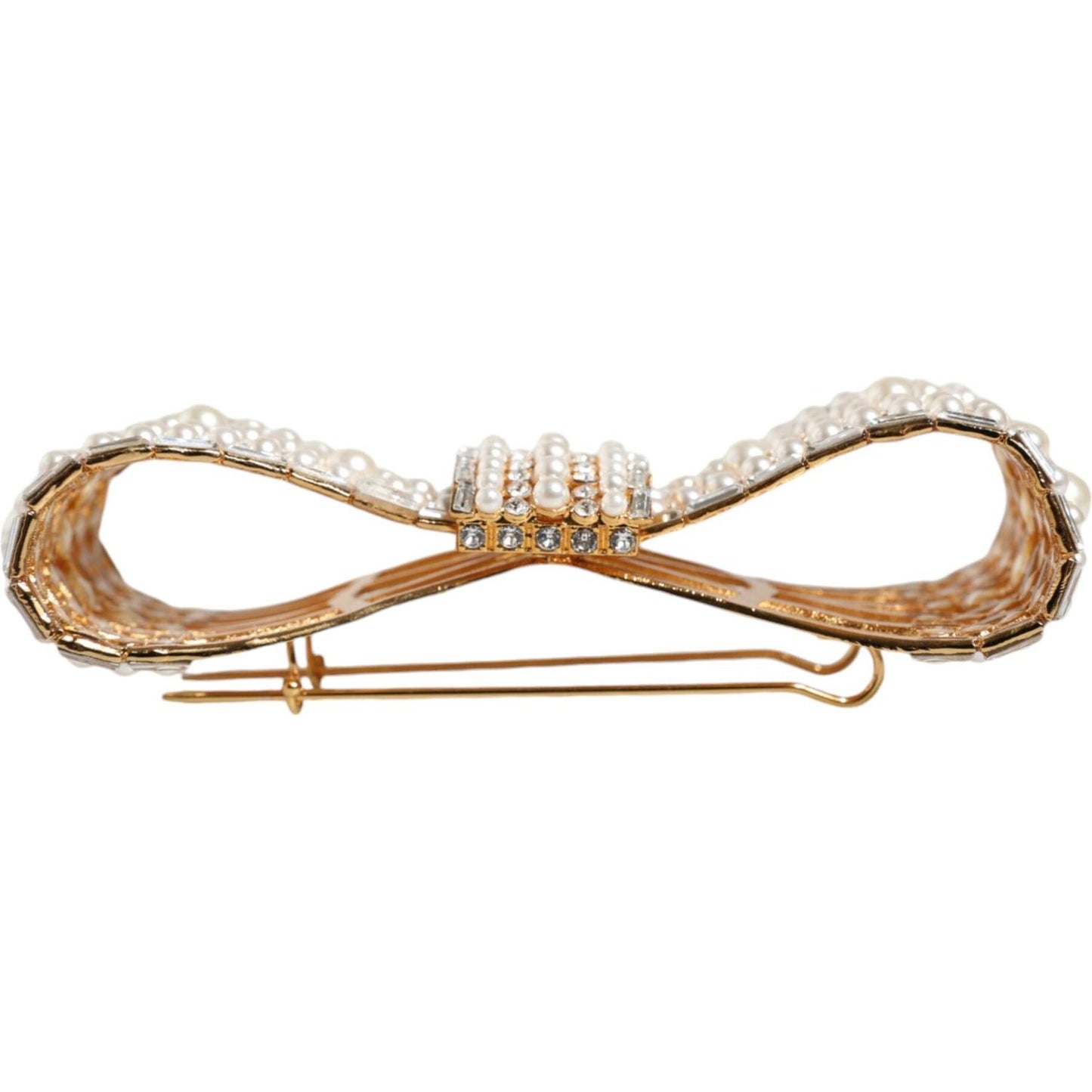 Dolce & Gabbana Gold Tone Brass Bow Crystal FauxPearl Embellished Brooch Brooch Dolce & Gabbana Rosy Brown