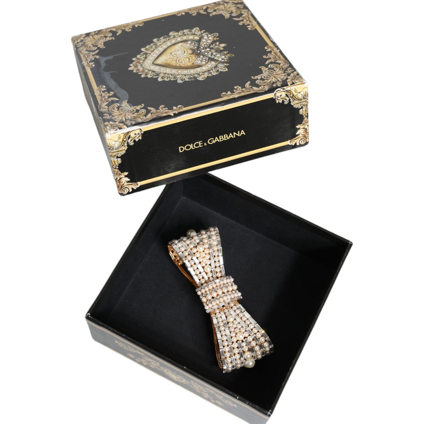 Dolce & Gabbana Gold Tone Brass Bow Crystal FauxPearl Embellished Brooch Brooch Dolce & Gabbana Gray