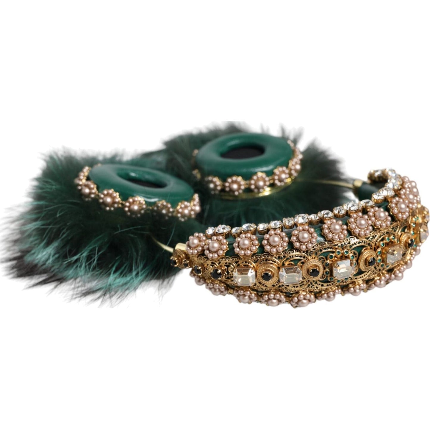 Dolce & Gabbana Green Gold Crystal Fur Headset Audio AUX Headphones Dolce & Gabbana Dark Slate Gray