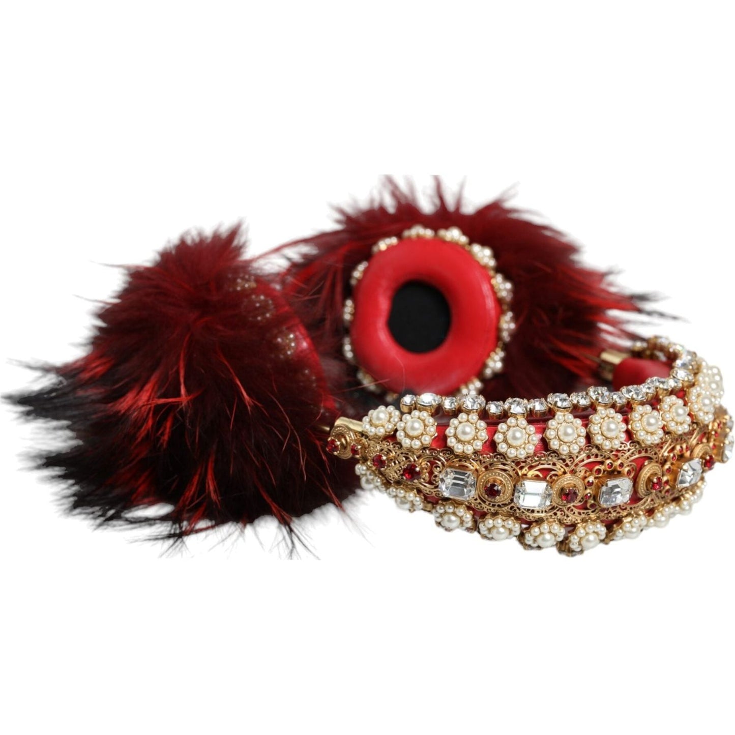 Dolce & Gabbana Red Gold Crystal Fur Headset Audio AUX Headphones Dolce & Gabbana Black