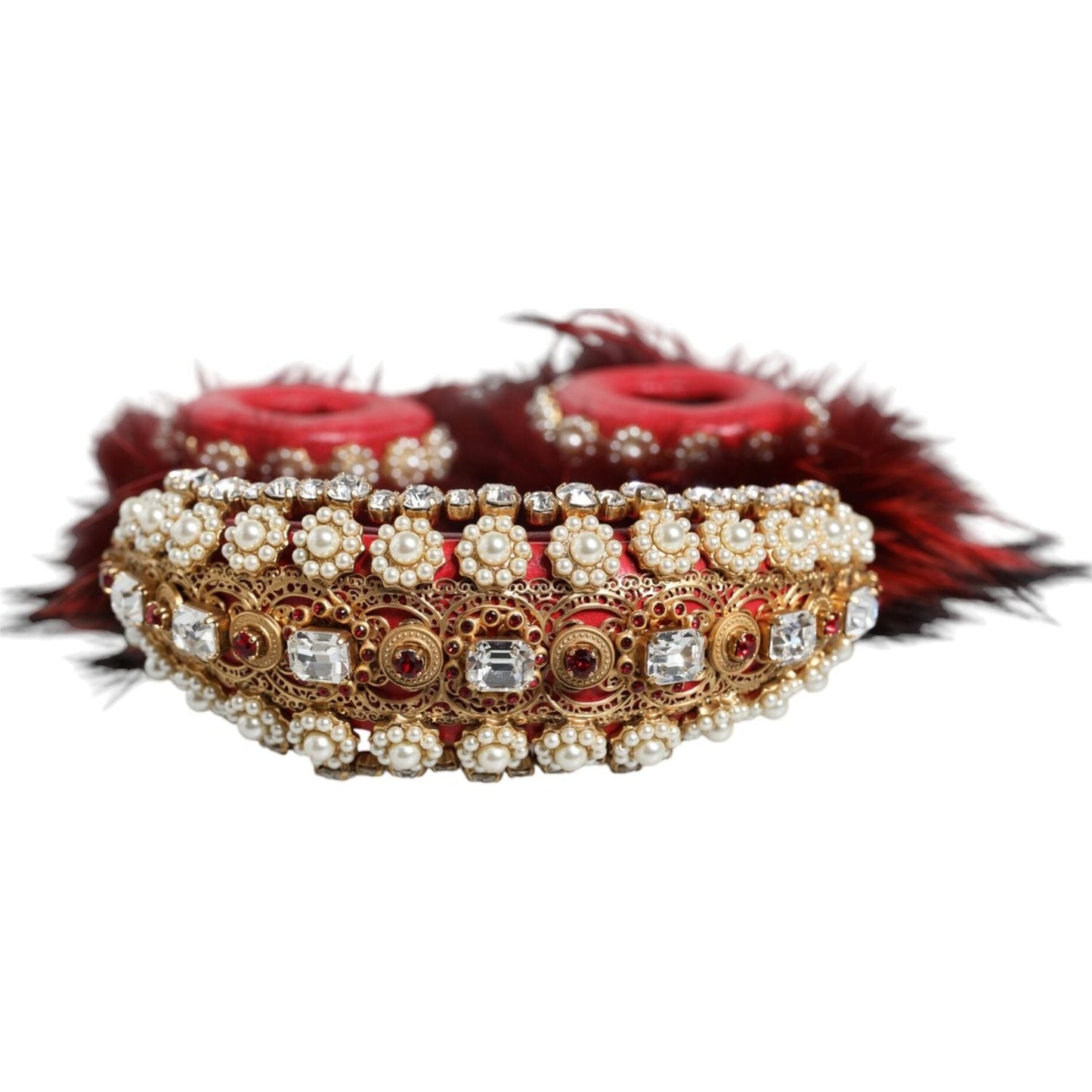 Dolce & Gabbana Red Gold Crystal Fur Headset Audio AUX Headphones Dolce & Gabbana Sienna