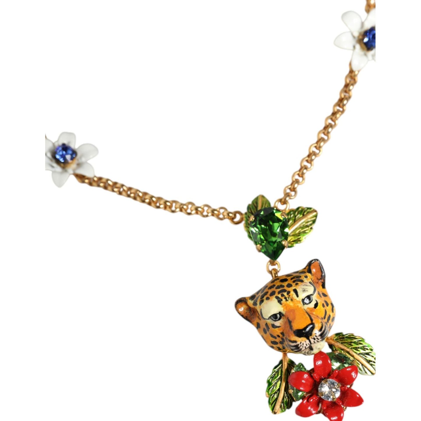 Dolce & Gabbana Gold Brass Leopard Flower Embellished Statement Necklace Necklace Dolce & Gabbana Dark Khaki