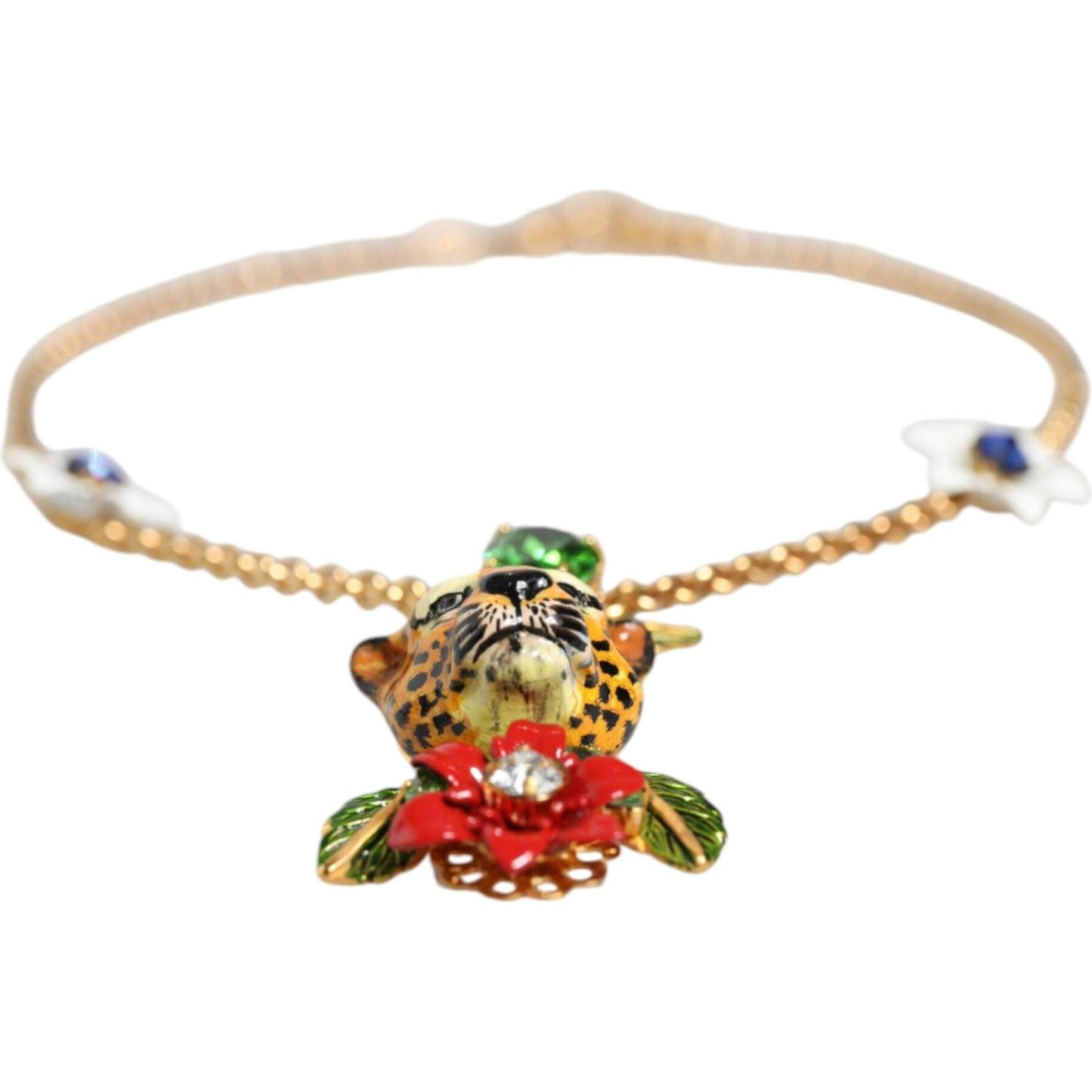 Dolce & Gabbana Gold Brass Leopard Flower Embellished Statement Necklace Necklace Dolce & Gabbana Tan