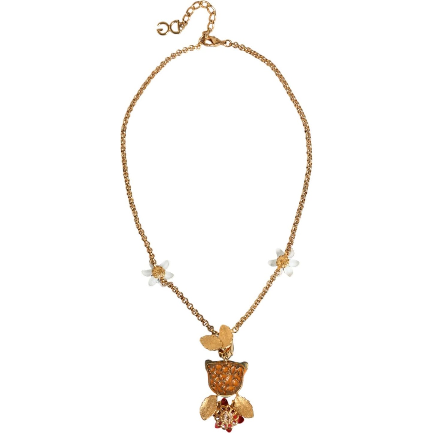 Dolce & Gabbana Gold Brass Leopard Flower Embellished Statement Necklace Necklace Dolce & Gabbana Dark Khaki