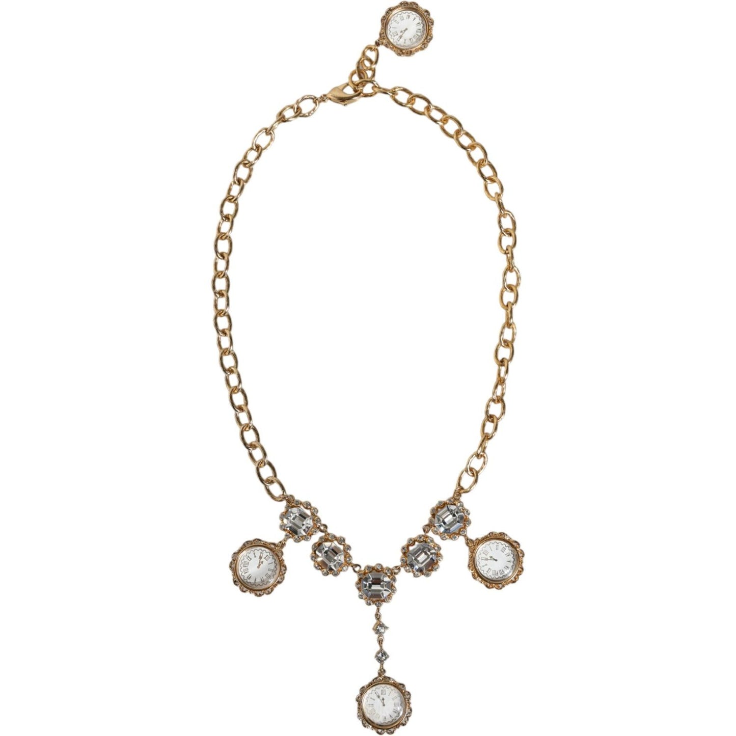 Dolce & Gabbana Gold Chain Brass Crystal Clock Statement Necklace Necklace Dolce & Gabbana Light Gray