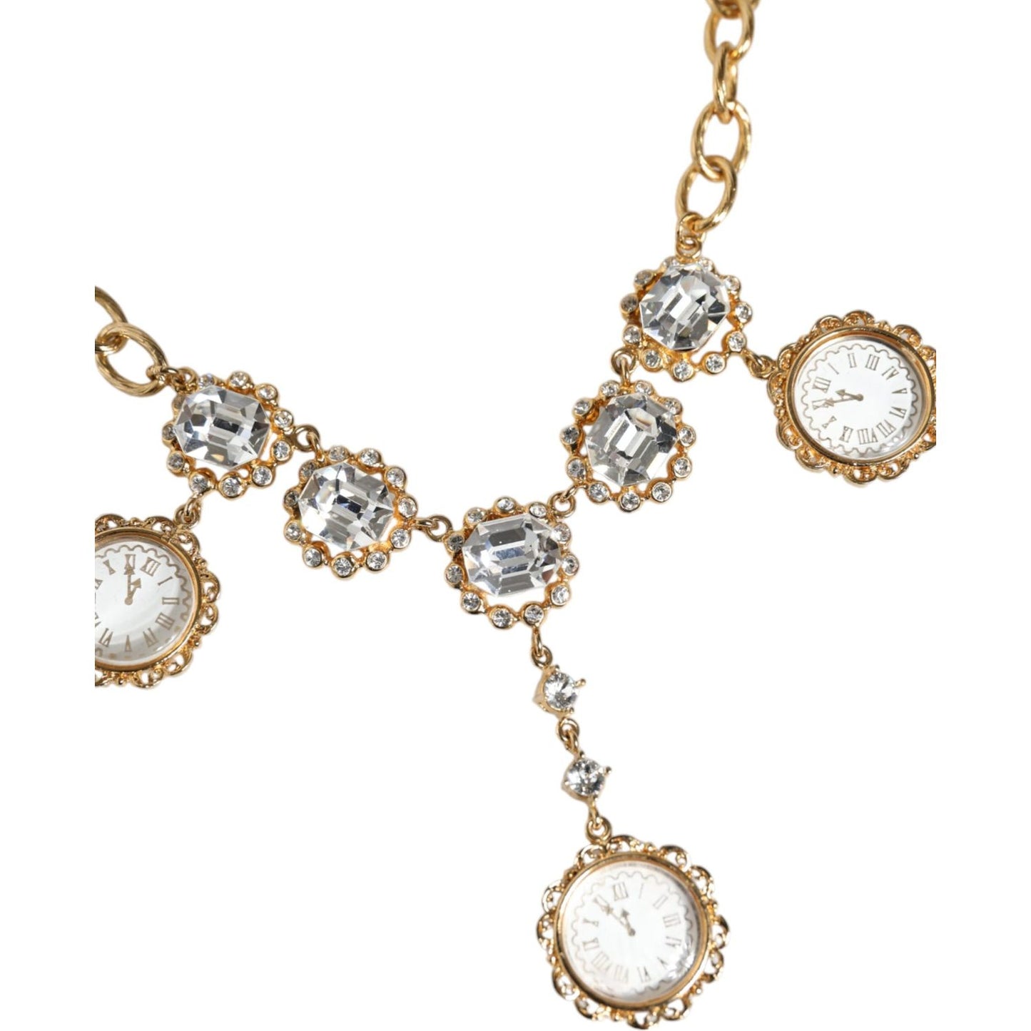 Dolce & Gabbana Gold Chain Brass Crystal Clock Statement Necklace Necklace Dolce & Gabbana Light Gray