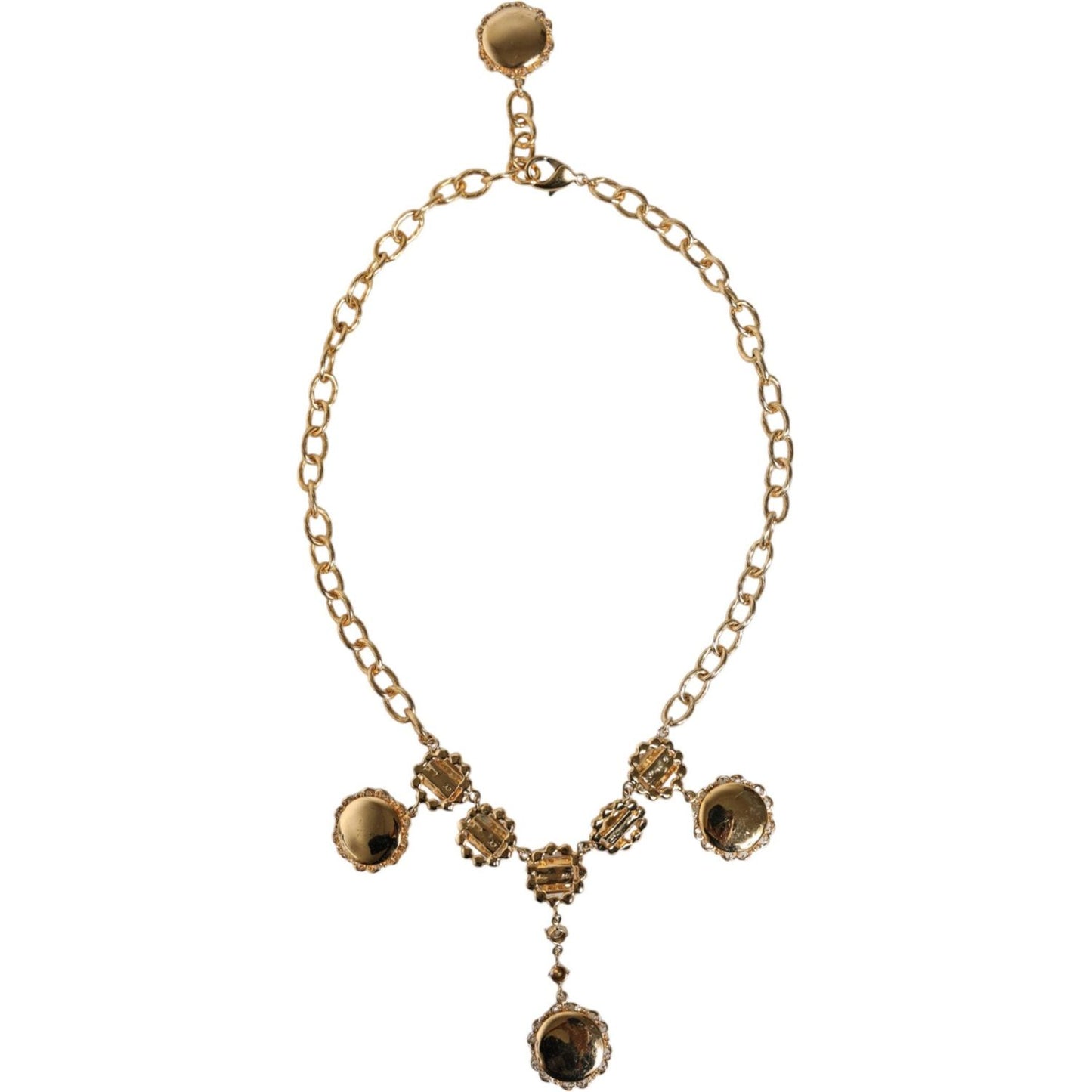 Dolce & Gabbana Gold Chain Brass Crystal Clock Statement Necklace Necklace Dolce & Gabbana Light Gray