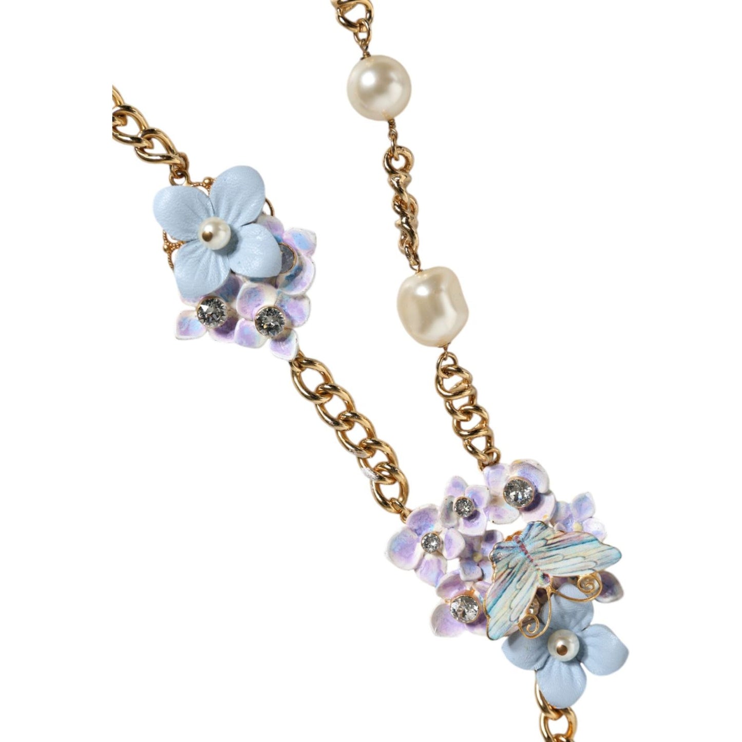 Dolce & Gabbana Gold Chain Brass Floral Layered Crystal Pearl Necklace Necklace Dolce & Gabbana Light Gray