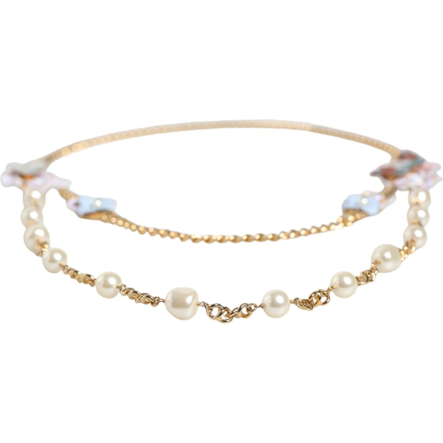 Dolce & Gabbana Gold Chain Brass Floral Layered Crystal Pearl Necklace Necklace Dolce & Gabbana Light Gray