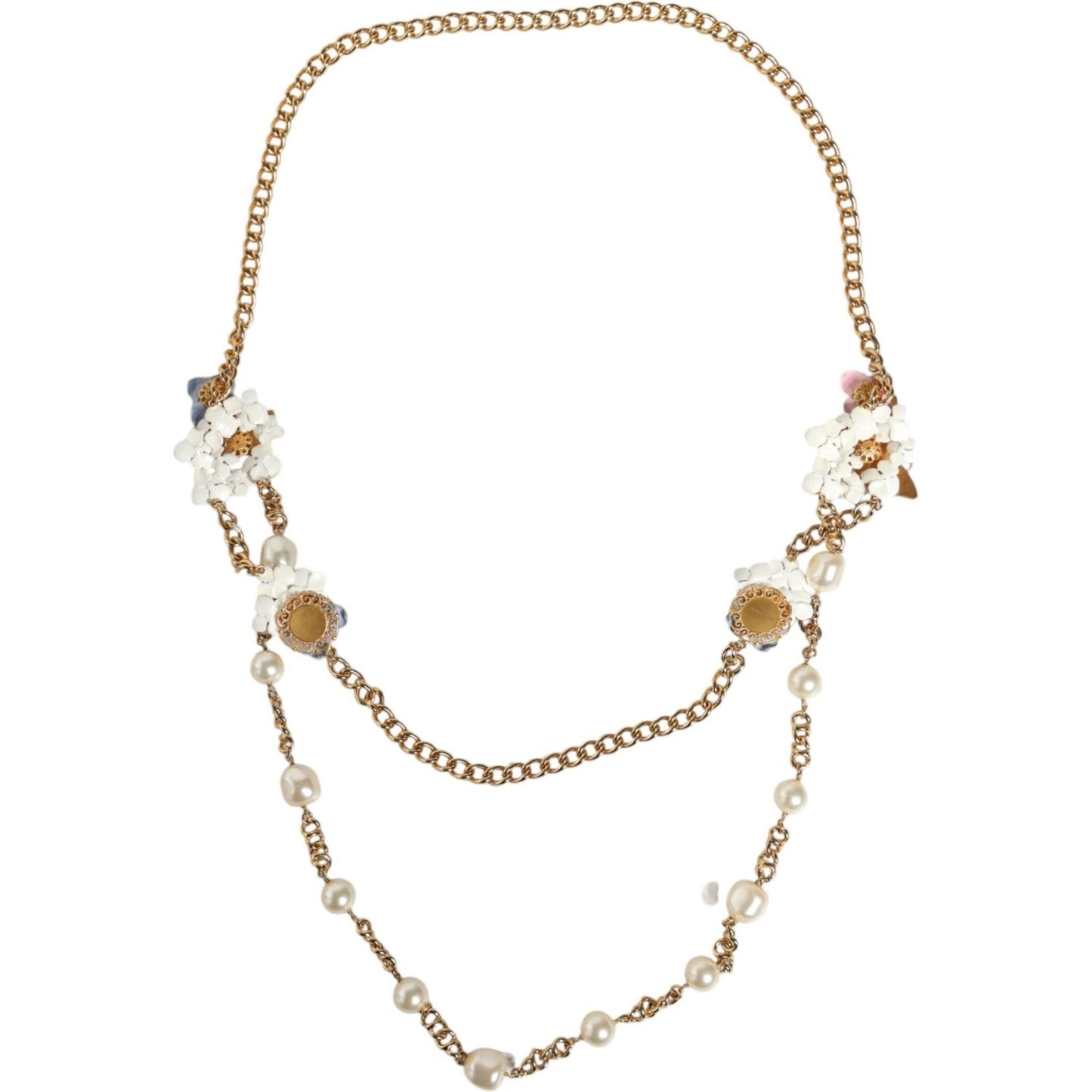 Dolce & Gabbana Gold Chain Brass Floral Layered Crystal Pearl Necklace Necklace Dolce & Gabbana Antique White