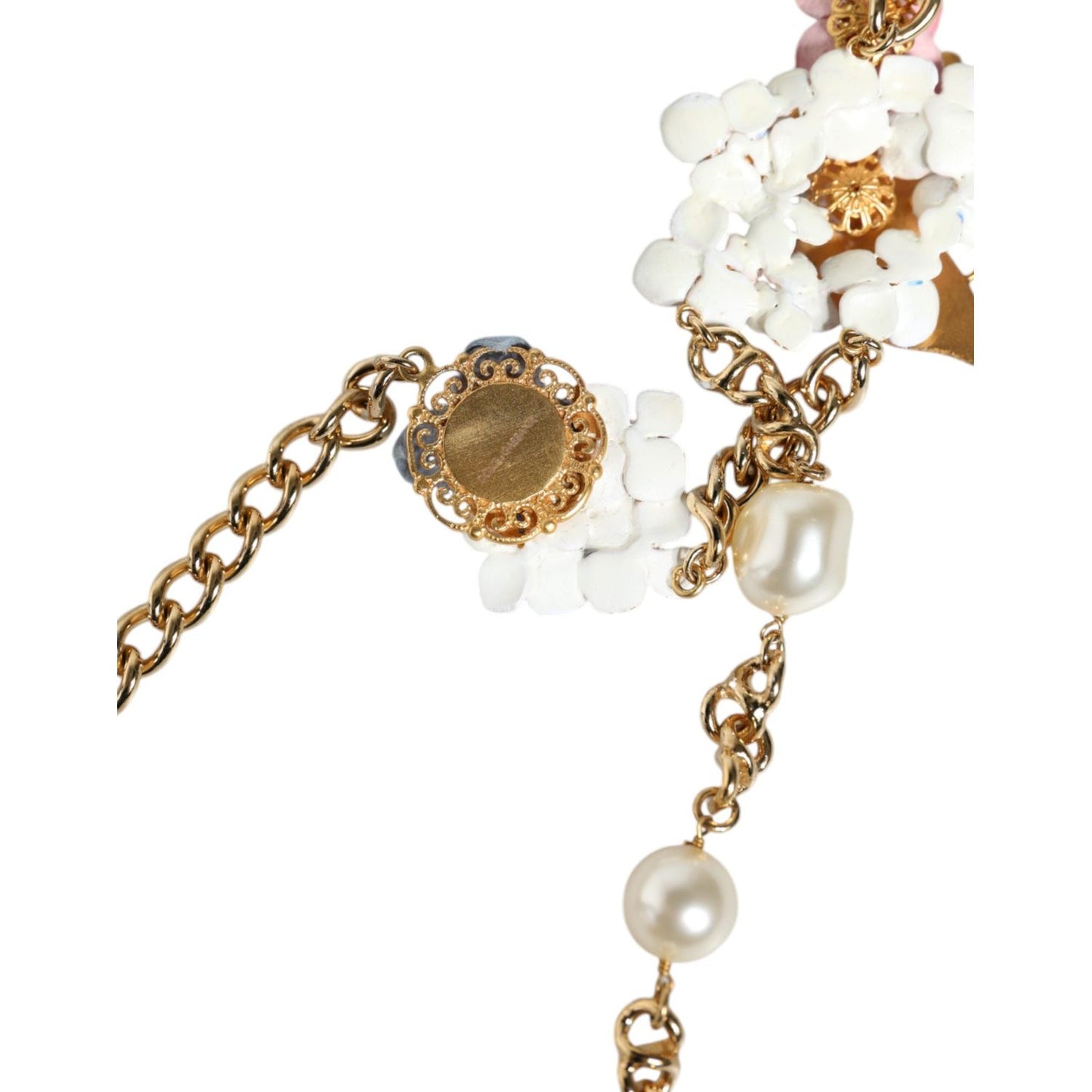 Dolce & Gabbana Gold Chain Brass Floral Layered Crystal Pearl Necklace Necklace Dolce & Gabbana Light Gray