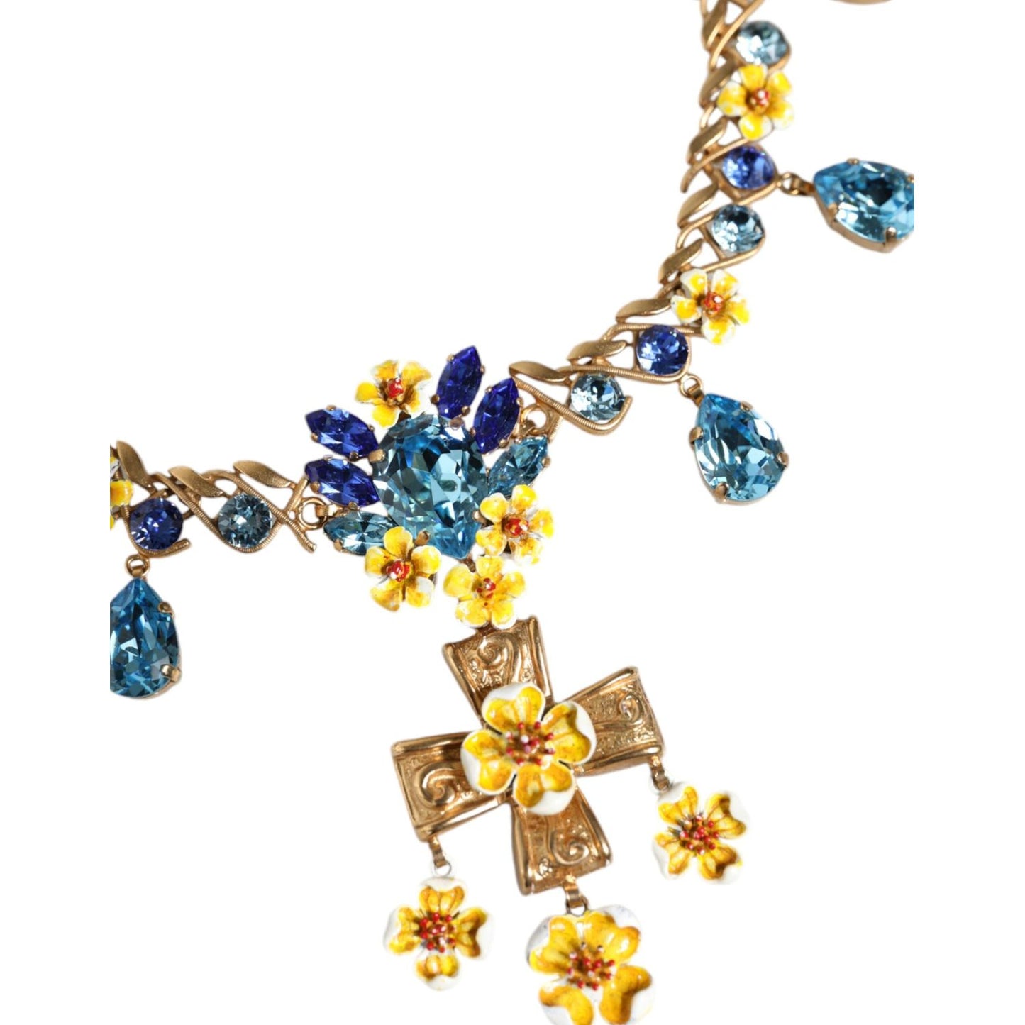 Dolce & Gabbana Gold Brass Chain Floral Crystal Cross Pendant Necklace Necklace Dolce & Gabbana Light Gray