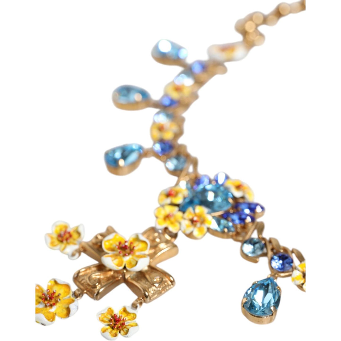 Dolce & Gabbana Gold Brass Chain Floral Crystal Cross Pendant Necklace Necklace Dolce & Gabbana Tan
