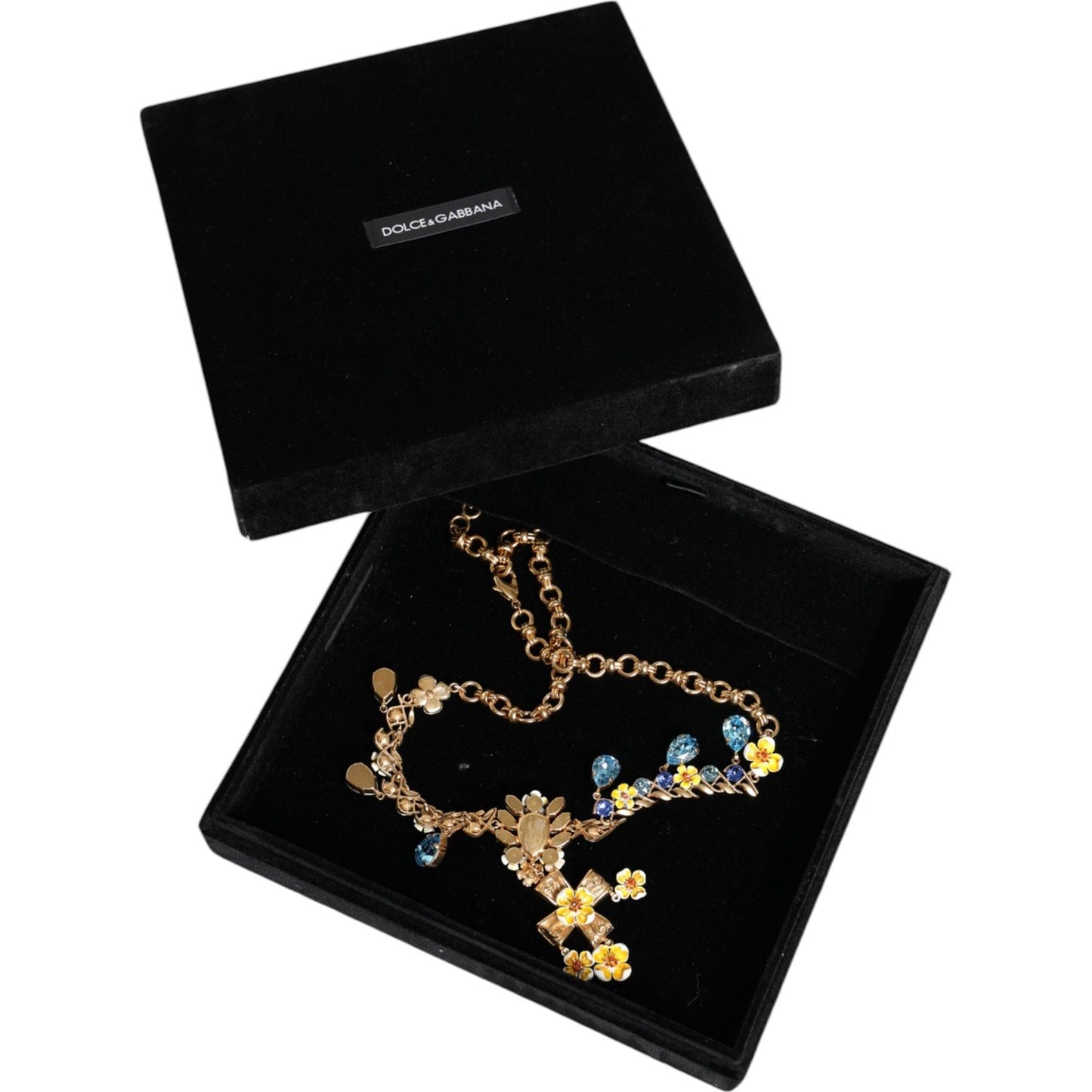 Dolce & Gabbana Gold Brass Chain Floral Crystal Cross Pendant Necklace Necklace Dolce & Gabbana Black