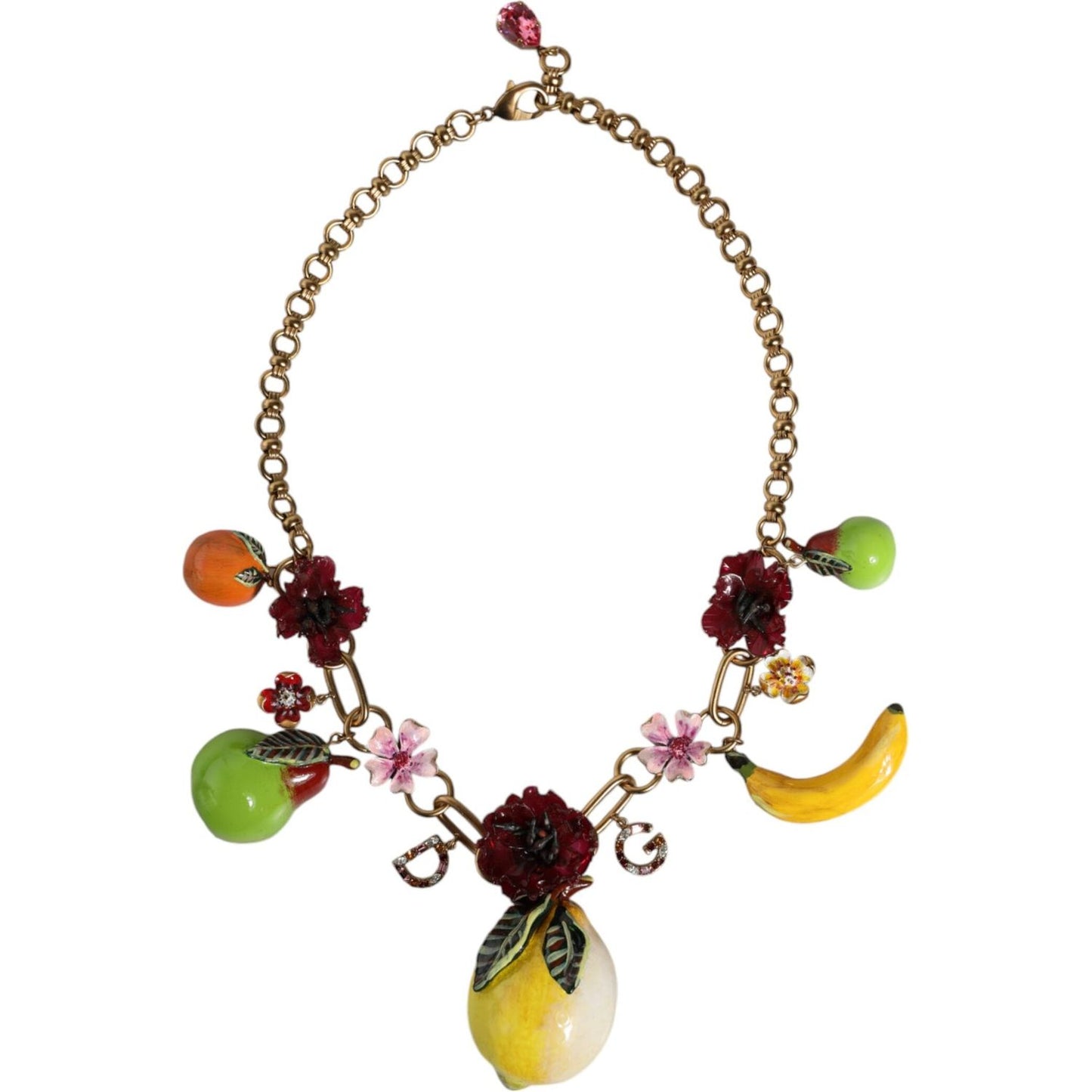 Dolce & Gabbana Gold Brass FRUIT Pendants Flowers Crystal Logo Necklace Necklace Dolce & Gabbana Dark Khaki