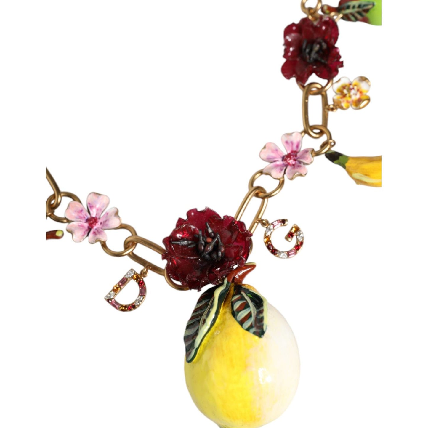 Dolce & Gabbana Gold Brass FRUIT Pendants Flowers Crystal Logo Necklace Necklace Dolce & Gabbana Light Gray