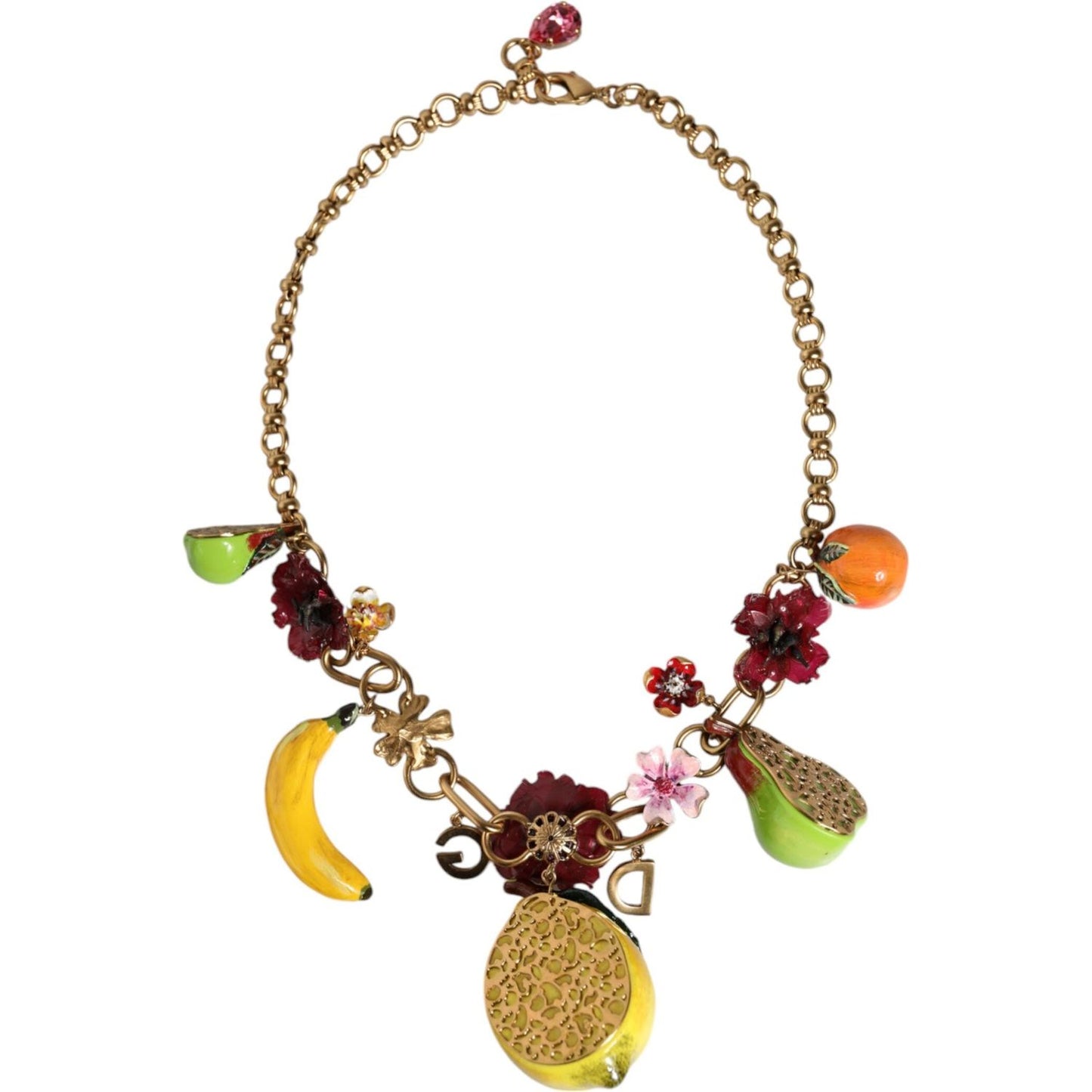 Dolce & Gabbana Gold Brass FRUIT Pendants Flowers Crystal Logo Necklace Necklace Dolce & Gabbana Dark Khaki