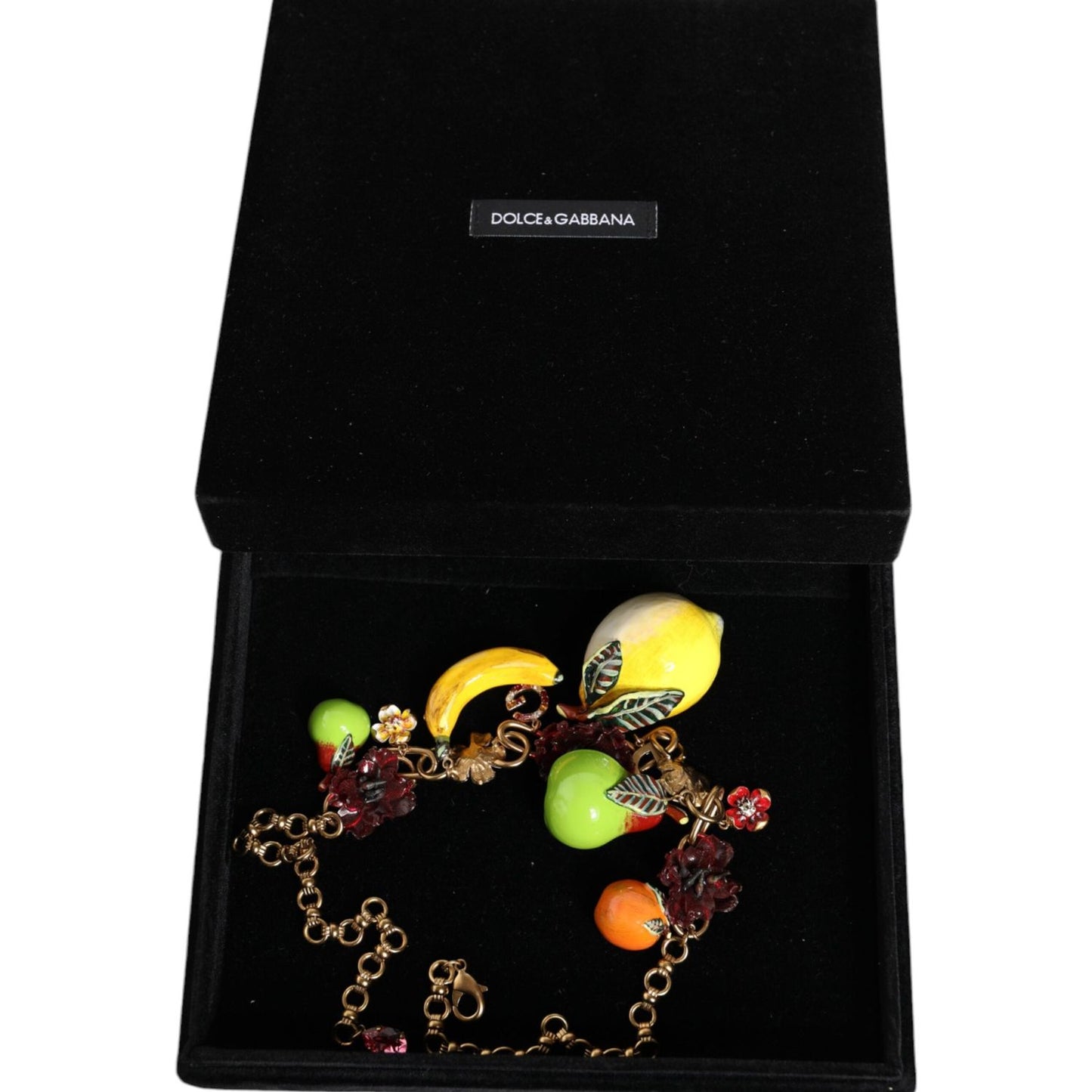 Dolce & Gabbana Gold Brass FRUIT Pendants Flowers Crystal Logo Necklace Necklace Dolce & Gabbana Black