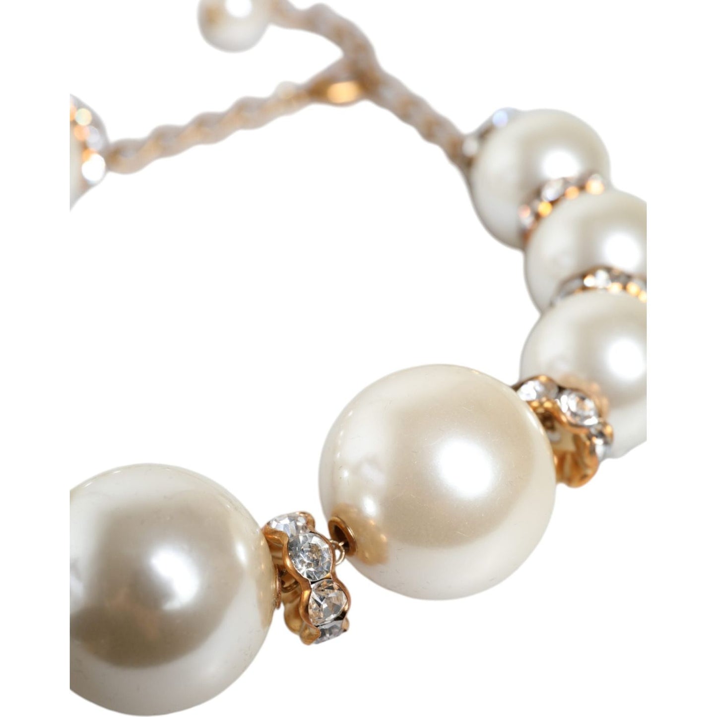 Dolce & Gabbana White Maxi Faux Pearl Beads Crystals Gold Chain Necklace Necklace Dolce & Gabbana Light Gray