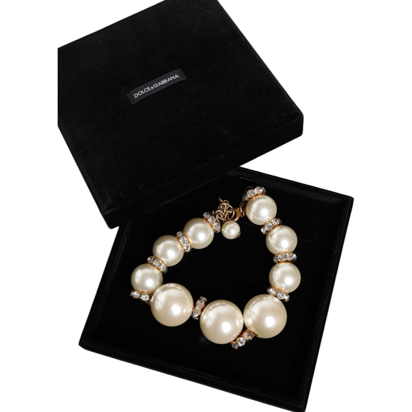 Dolce & Gabbana White Maxi Faux Pearl Beads Crystals Gold Chain Necklace Necklace Dolce & Gabbana Black