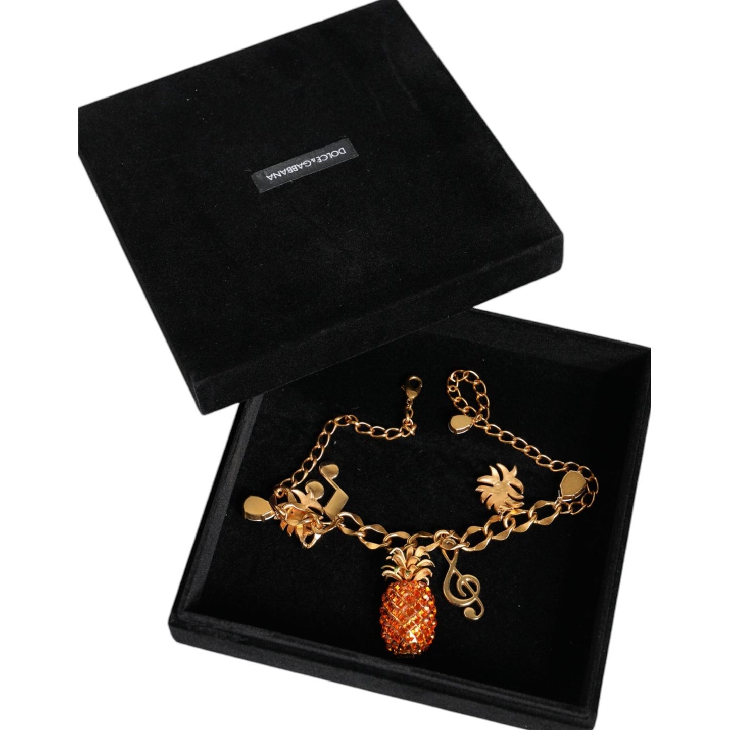 Dolce & Gabbana Gold Tone Brass Chain Pineapple Crystal Musical Necklace Necklace Dolce & Gabbana Black