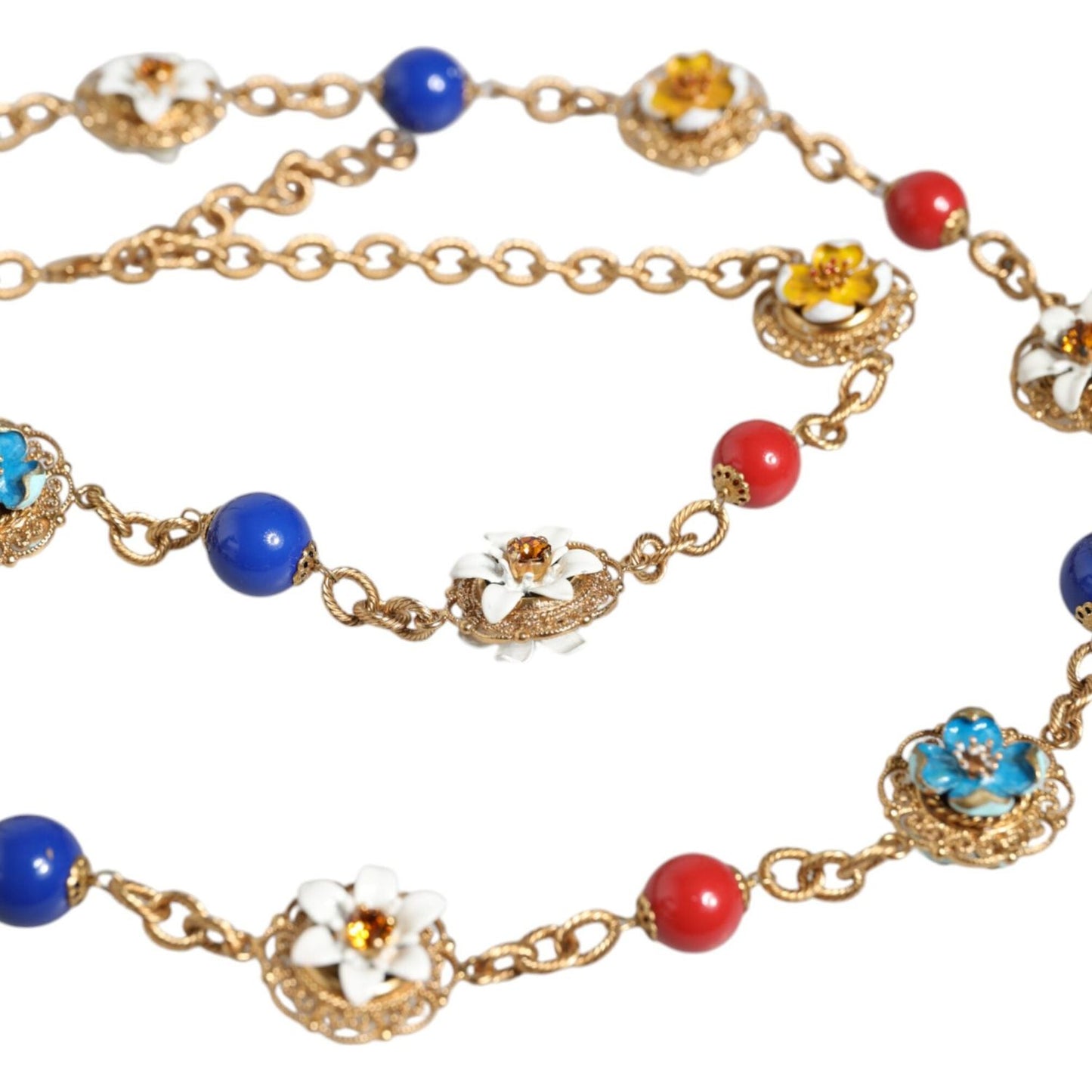 Dolce & Gabbana Gold Tone Brass Chain Floral Crystal Beaded Necklace Necklace Dolce & Gabbana Tan