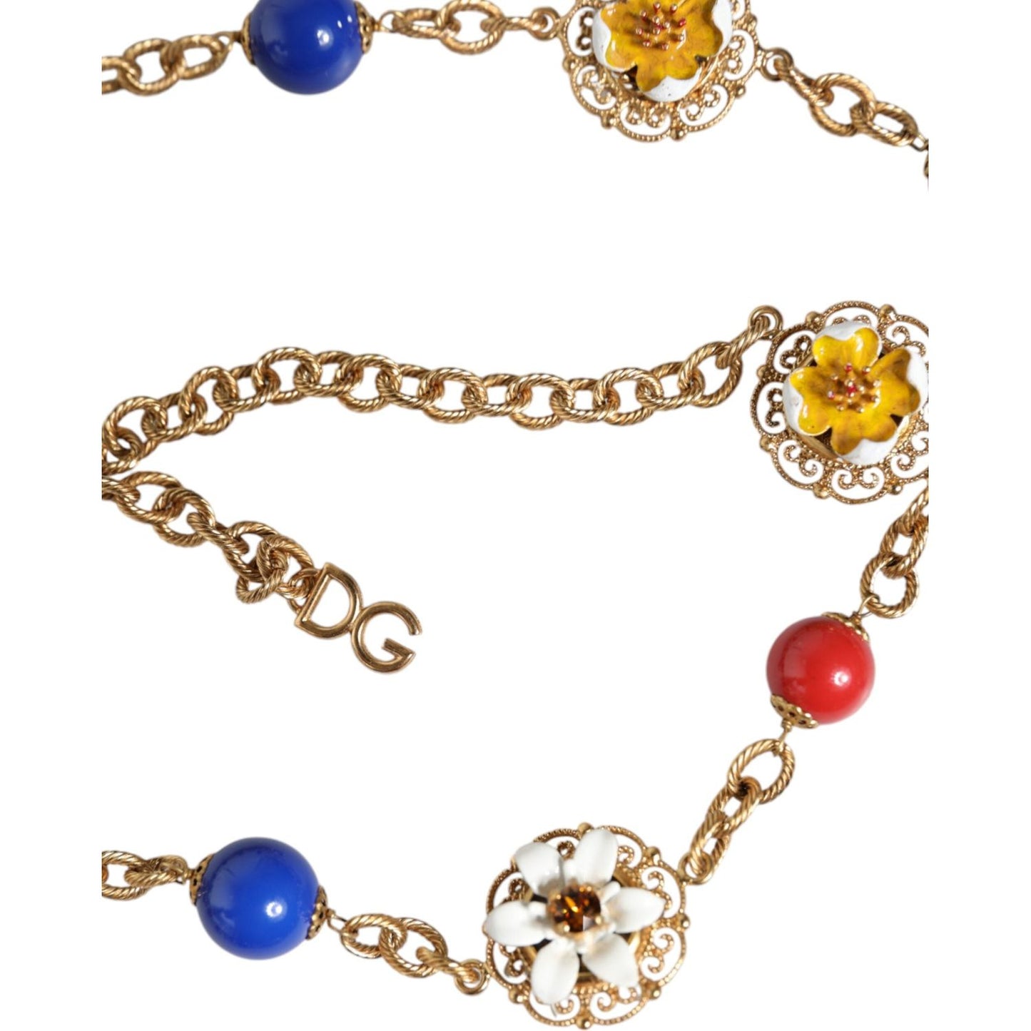 Dolce & Gabbana Gold Tone Brass Chain Floral Crystal Beaded Necklace Necklace Dolce & Gabbana Rosy Brown