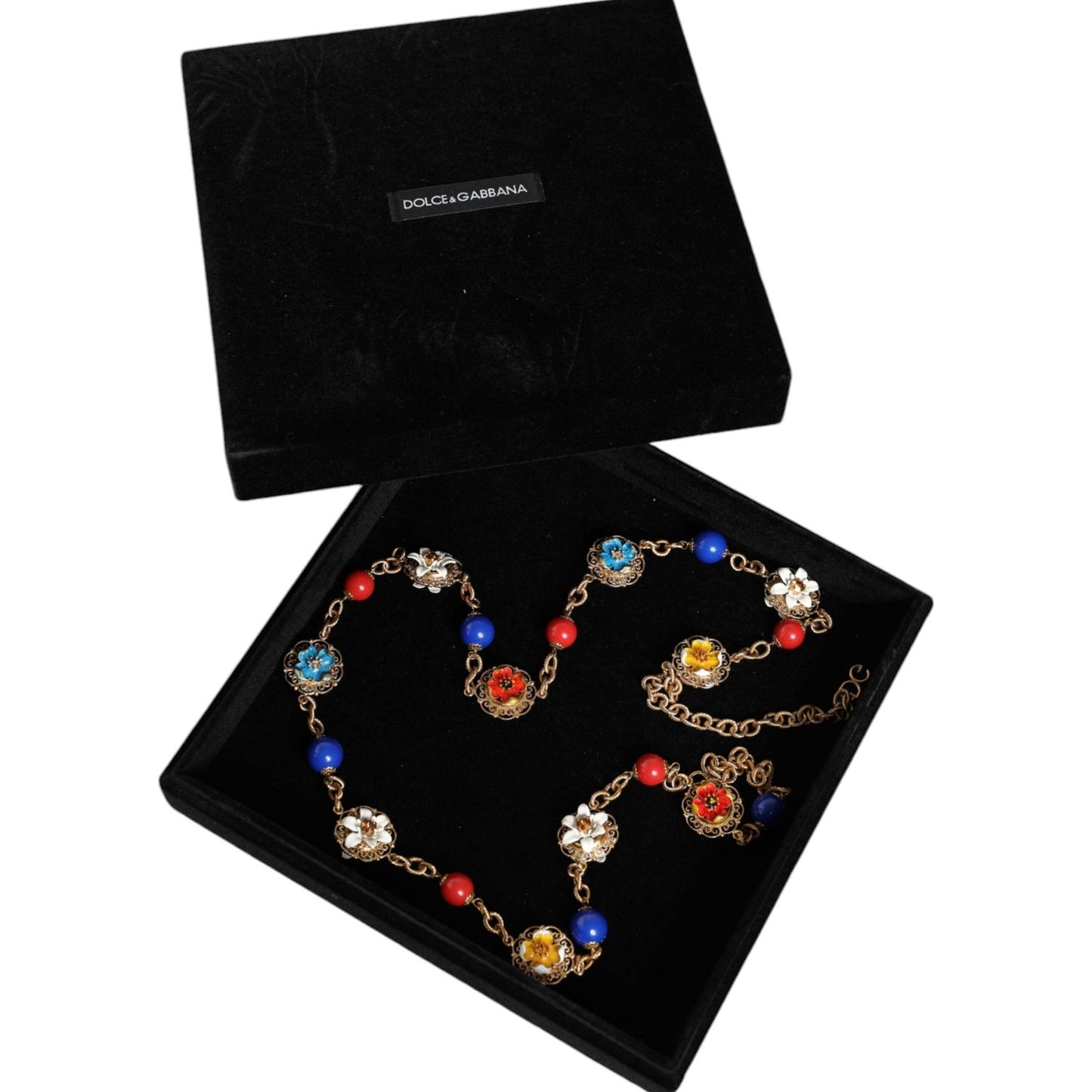 Dolce & Gabbana Gold Tone Brass Chain Floral Crystal Beaded Necklace Necklace Dolce & Gabbana Black