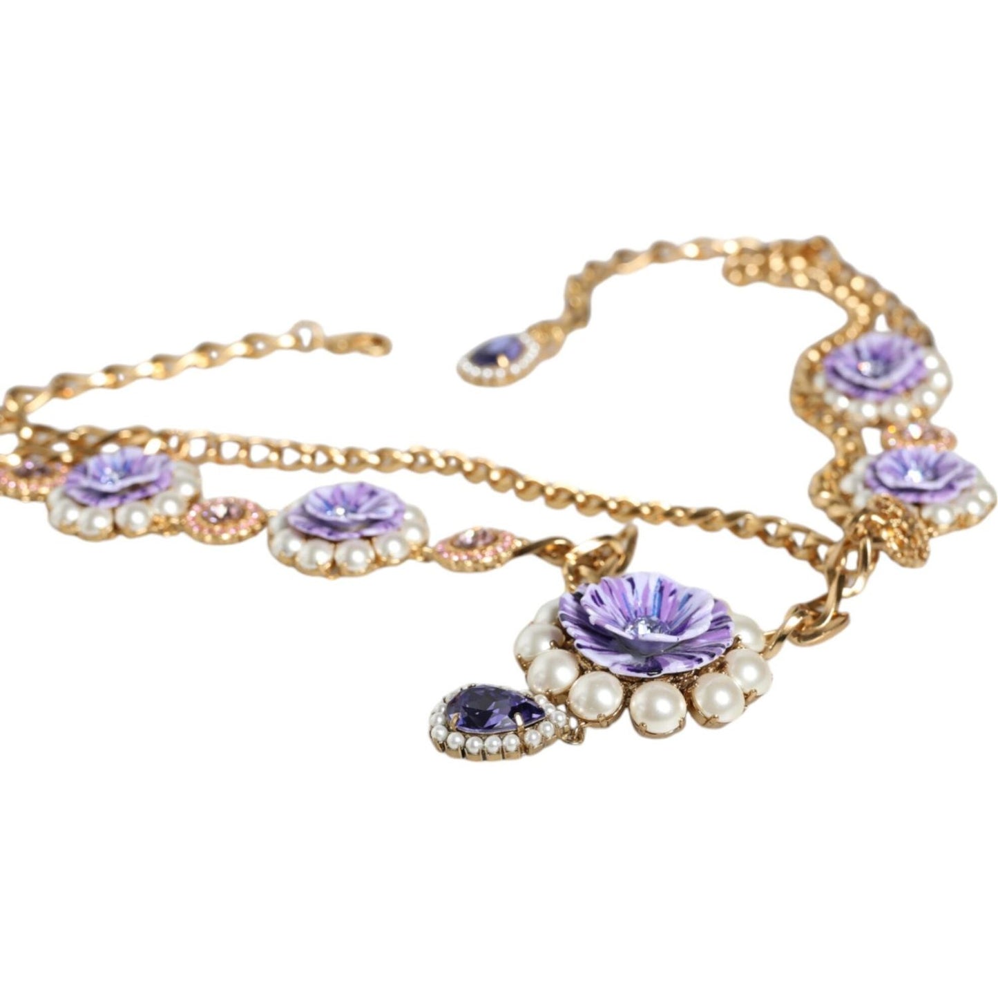 Dolce & Gabbana Gold Tone Floral Crystals Embellished Layered Necklace Necklace Dolce & Gabbana Light Gray