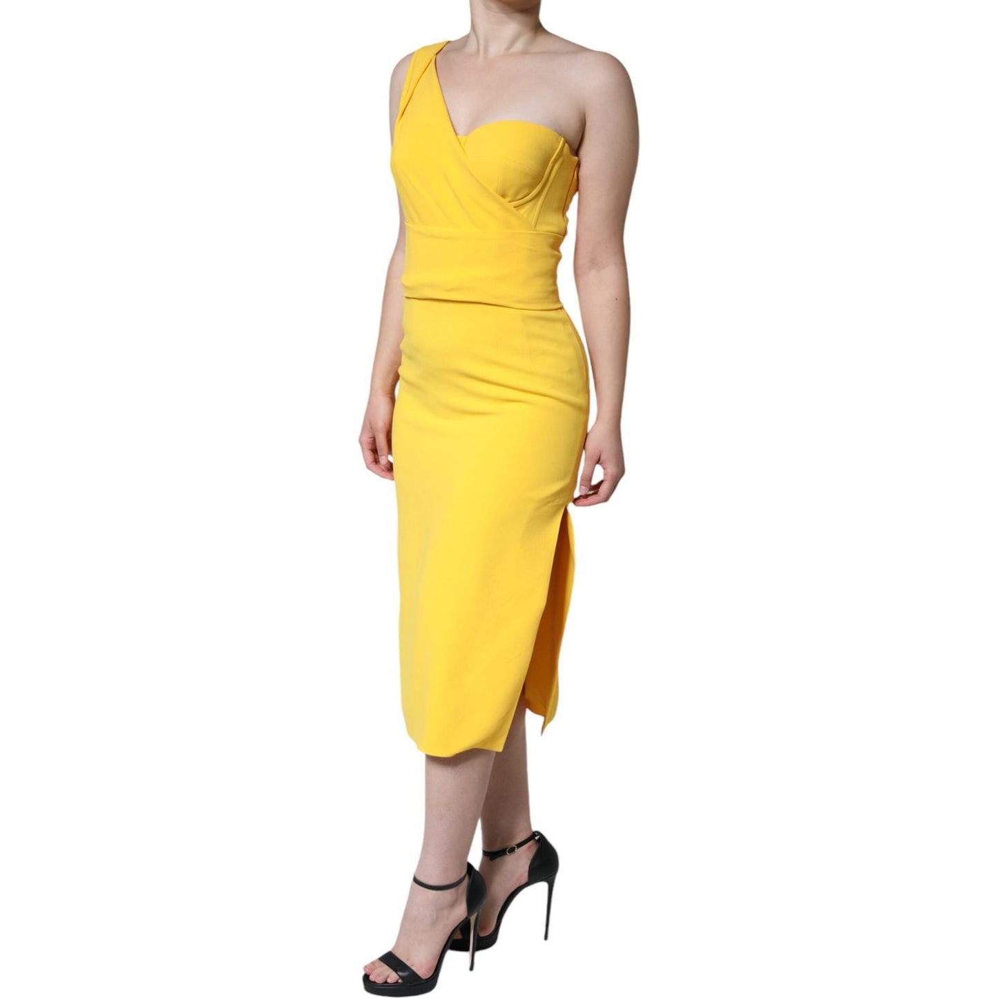 Dolce & Gabbana Yellow One Shoulder Side Slit Midi Dress Dolce & Gabbana Sandy Brown