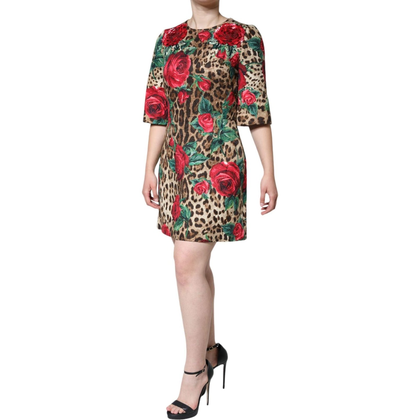 Dolce & Gabbana Brown Leopard Red Roses Cotton A-line Dress Dolce & Gabbana Tan