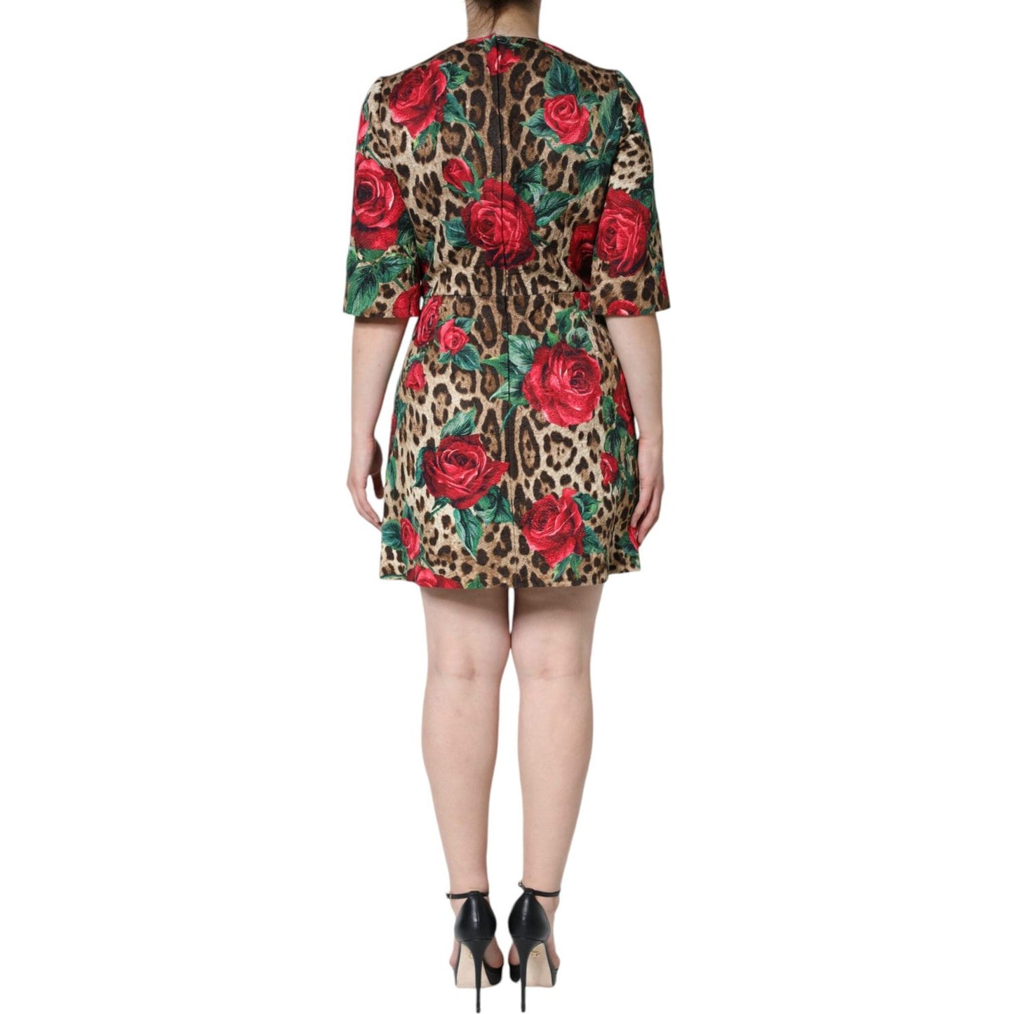 Dolce & Gabbana Brown Leopard Red Roses Cotton A-line Dress Dolce & Gabbana Rosy Brown