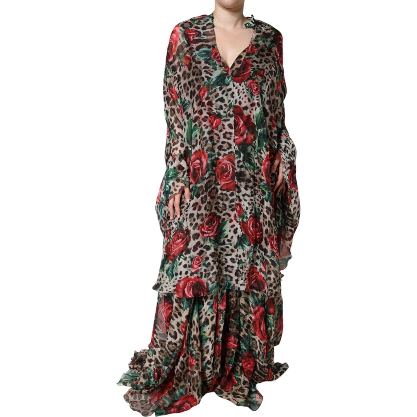 Dolce & Gabbana Brown Leopard Red Roses Silk Long Gown Dress Dolce & Gabbana Dark Slate Gray