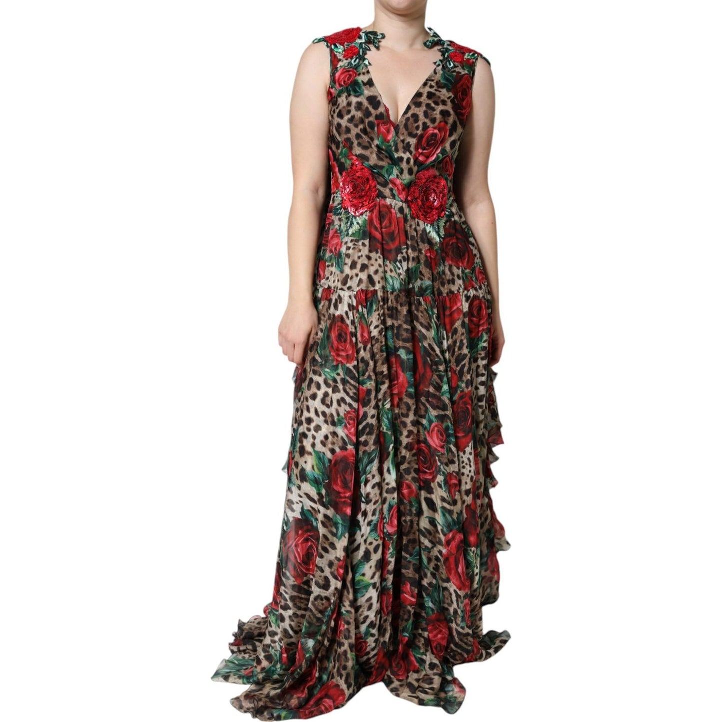 Dolce & Gabbana Brown Leopard Red Roses Silk Long Gown Dress Dolce & Gabbana Dark Slate Gray