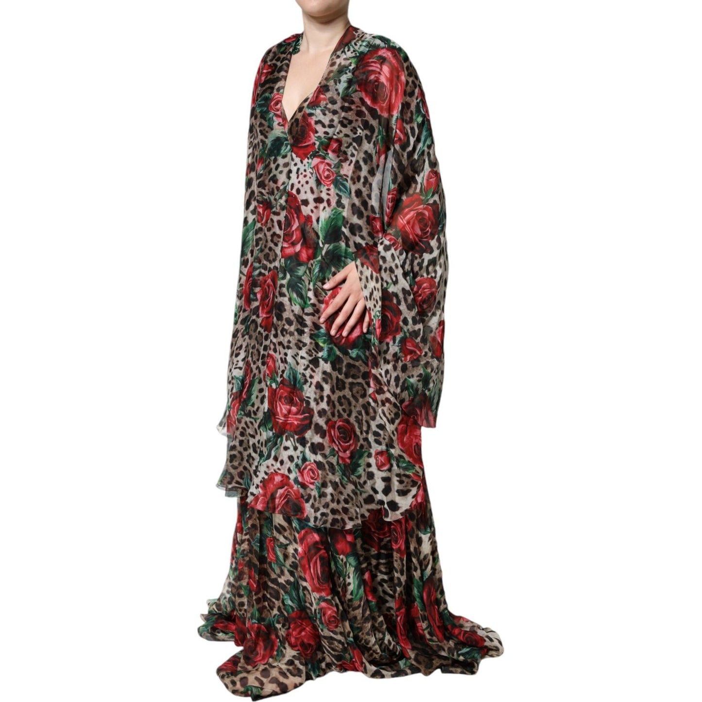Dolce & Gabbana Brown Leopard Red Roses Silk Long Gown Dress Dolce & Gabbana Dark Slate Gray