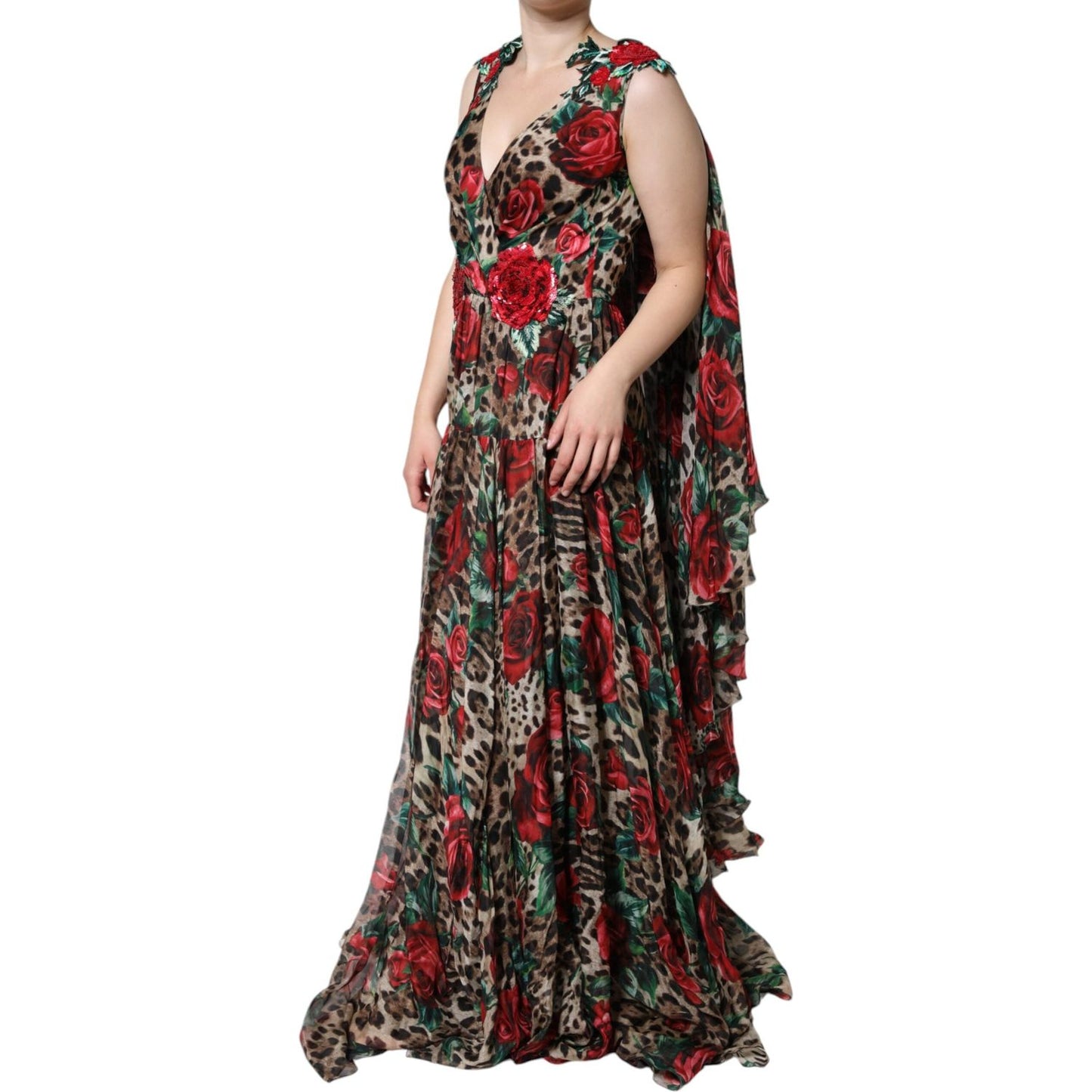 Dolce & Gabbana Brown Leopard Red Roses Silk Long Gown Dress Dolce & Gabbana Dark Slate Gray