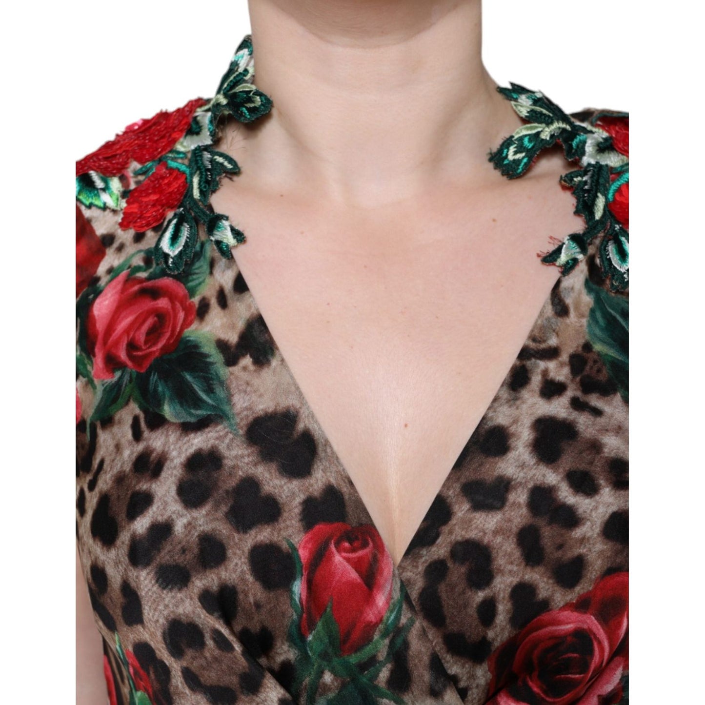 Dolce & Gabbana Brown Leopard Red Roses Silk Long Gown Dress Dolce & Gabbana Rosy Brown