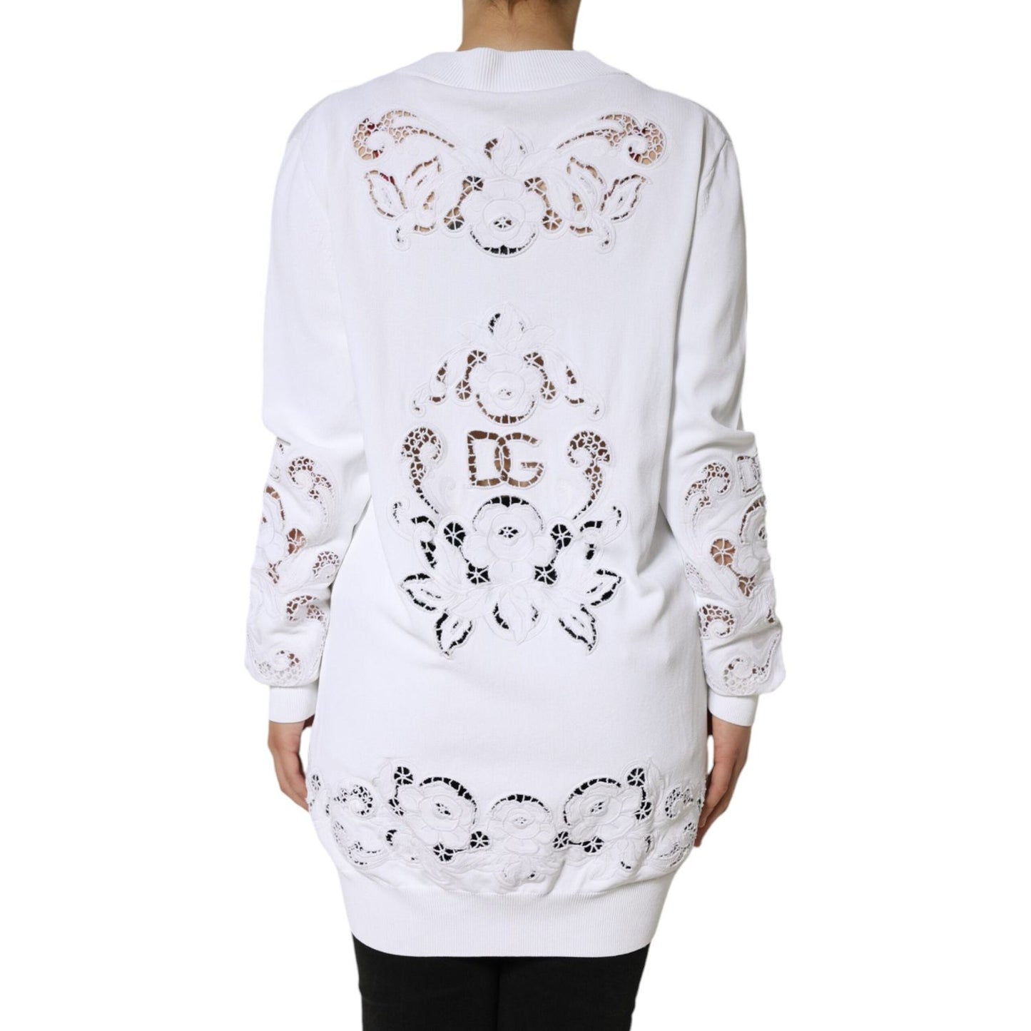 Dolce & Gabbana White Viscose Floral Cut Out Cardigan Sweater Dolce & Gabbana Light Gray