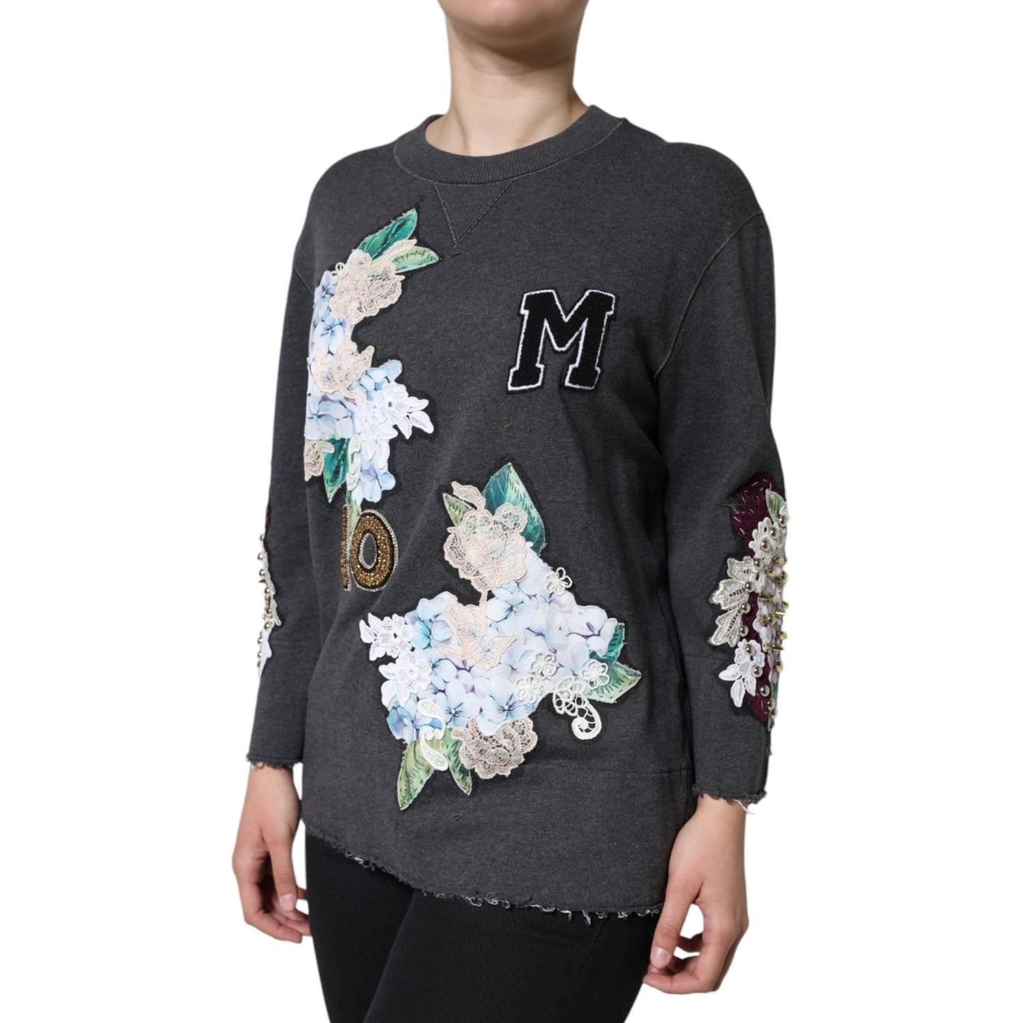 Dolce & Gabbana Gray Hydrangea CollegeStudded Floral Sweater Dolce & Gabbana Dark Slate Gray