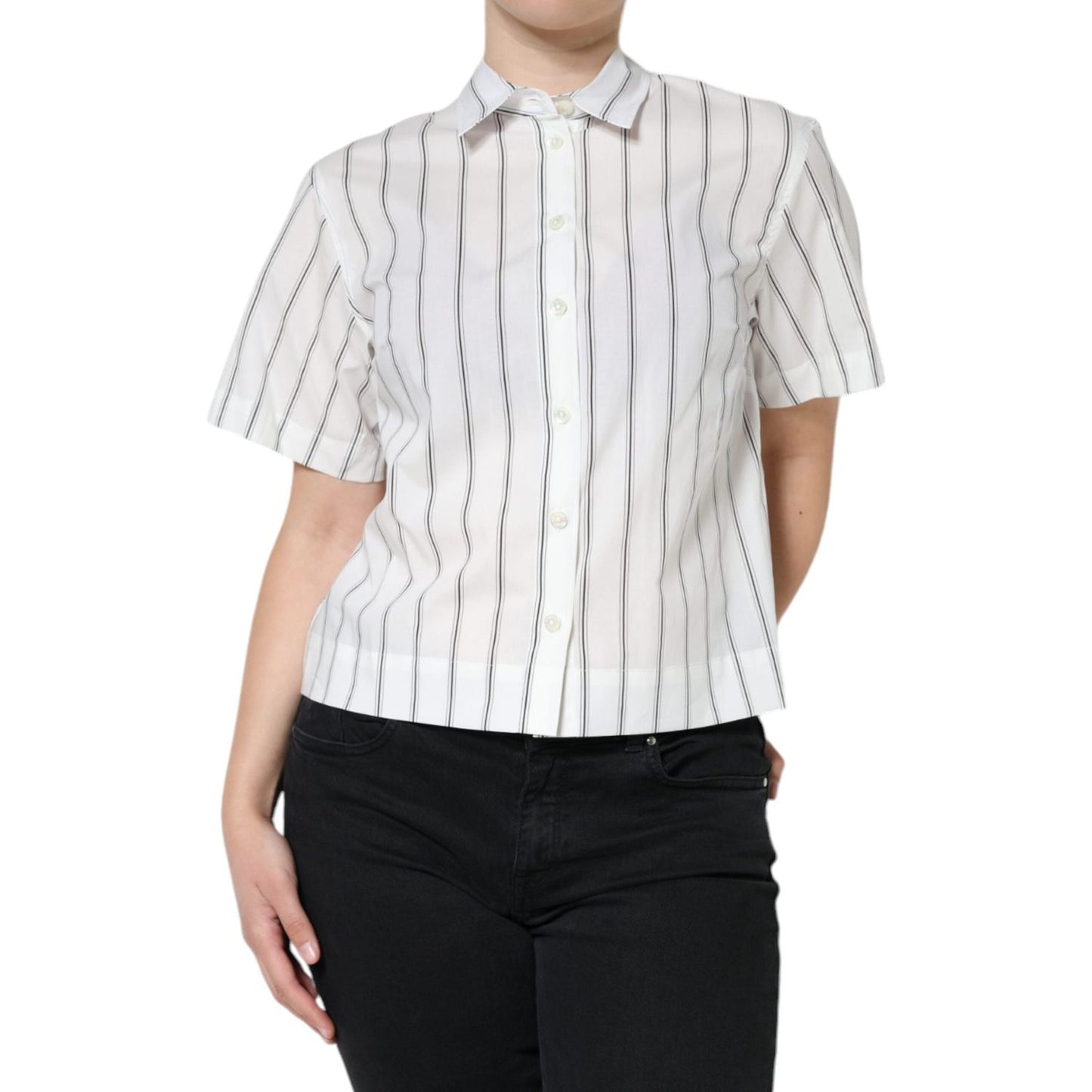 Dolce & Gabbana White Striped Collared Short Sleeve Polo Top Dolce & Gabbana Black