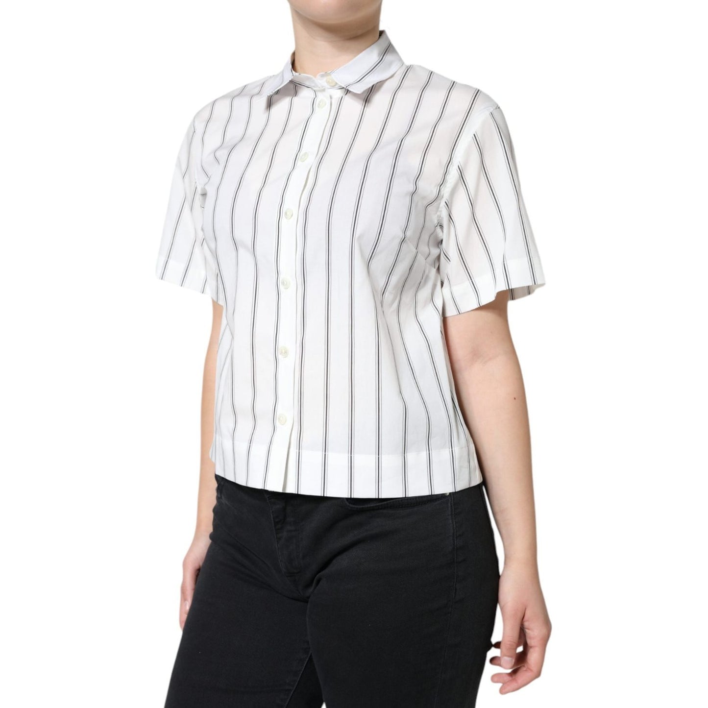 Dolce & Gabbana White Striped Collared Short Sleeve Polo Top Dolce & Gabbana Black