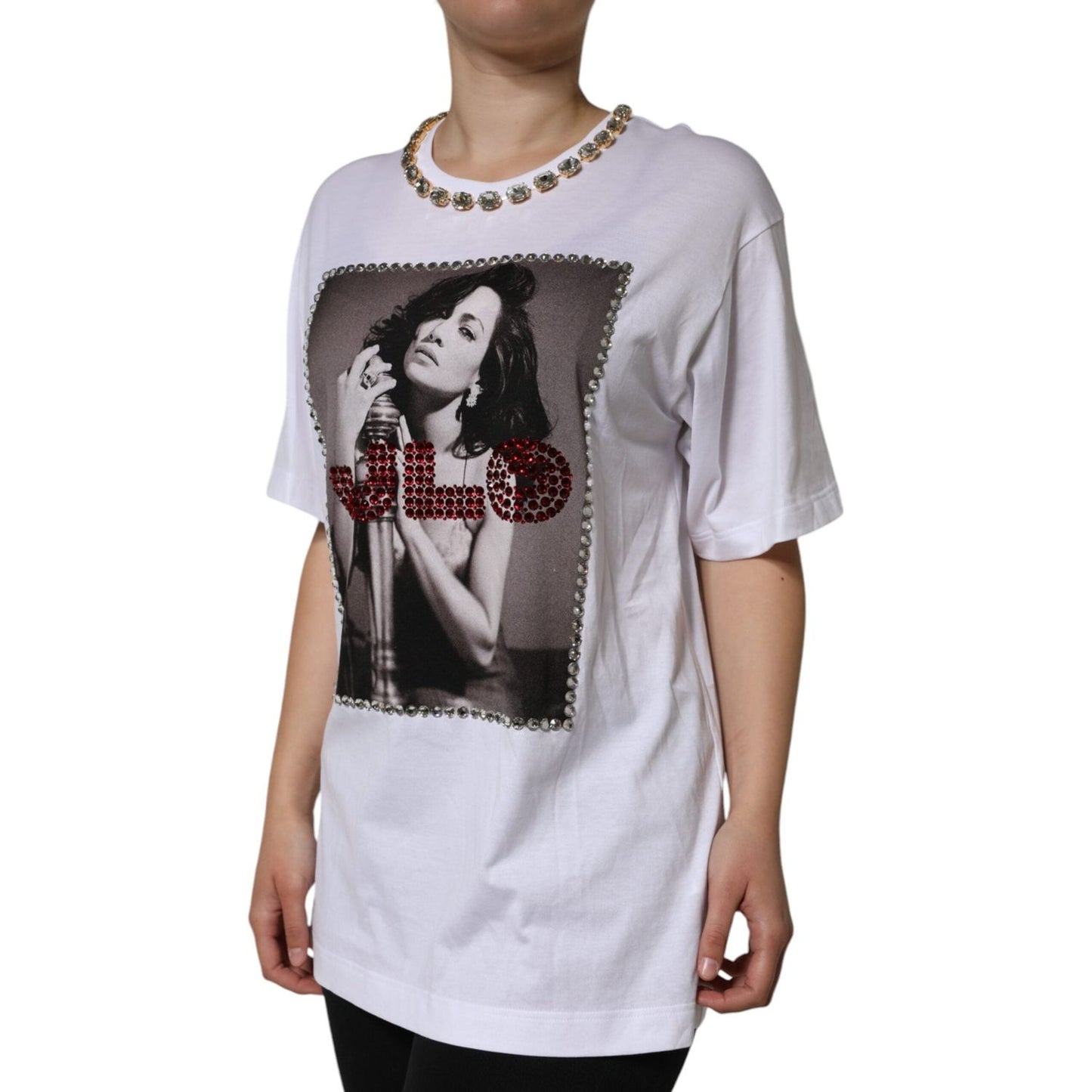 Dolce & Gabbana White Crystal Neckline Embellished Printed T-shirt Dolce & Gabbana Gray