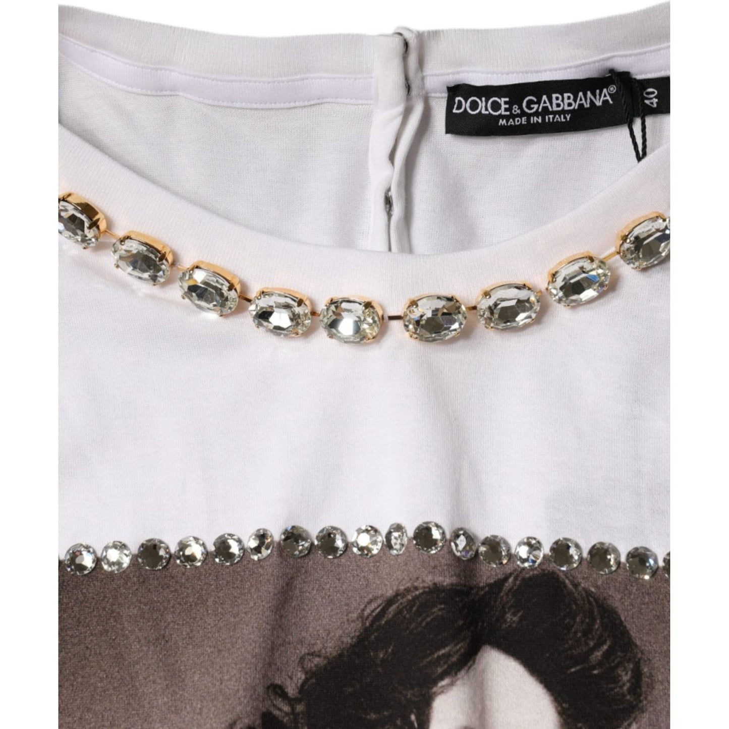 Dolce & Gabbana White Crystal Neckline Embellished Printed T-shirt Dolce & Gabbana Light Gray